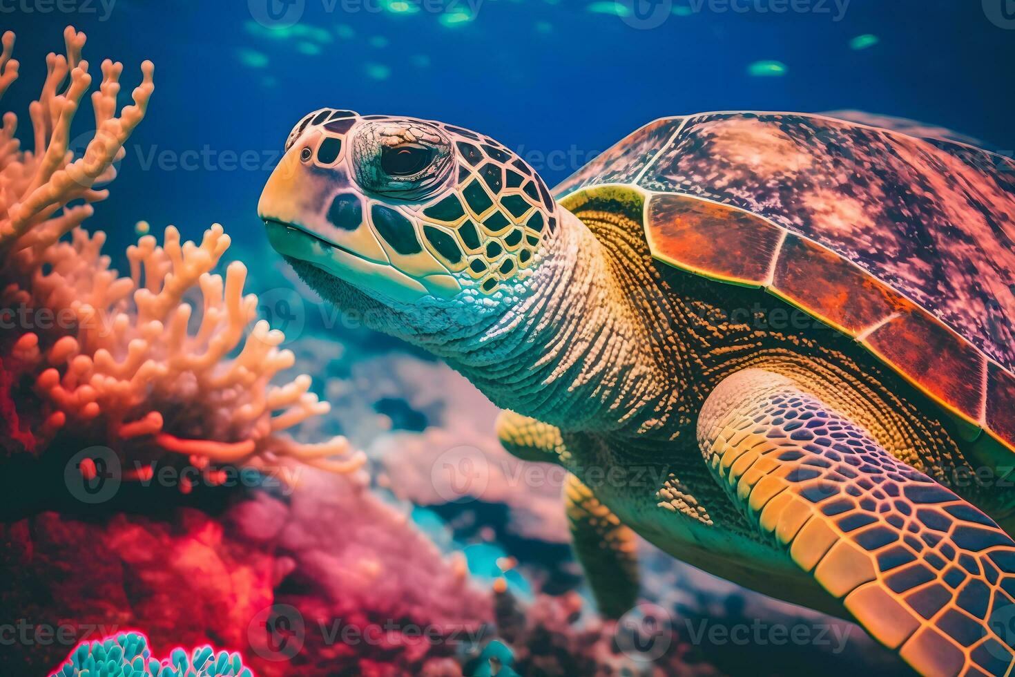 Maldivian Sea Turtle Floating Up And Over Coral reef with beautiful colorful background. Neural network generated art photo