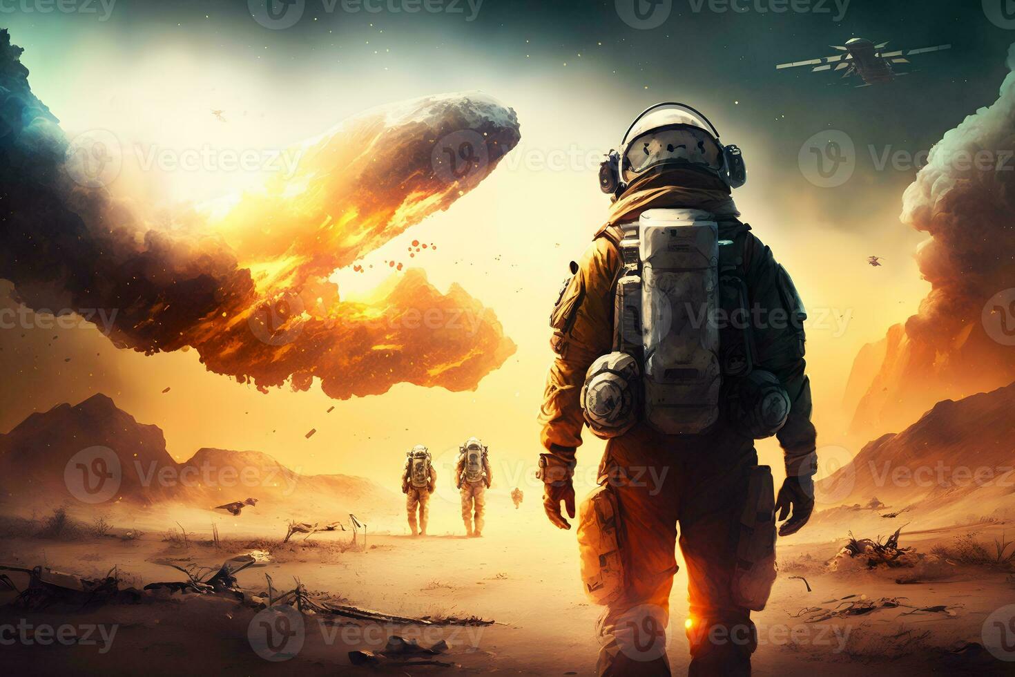 Futuristic scene with astronauts in space exploring a planet. Neural network generated art photo