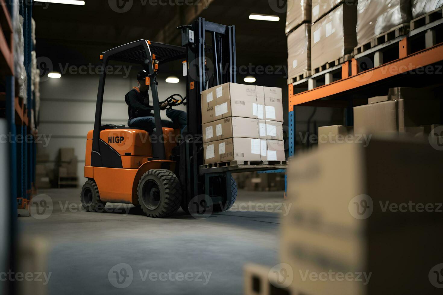 Warehouse with fully loaded forklift between rows in the big interior space. Neural network generated art photo