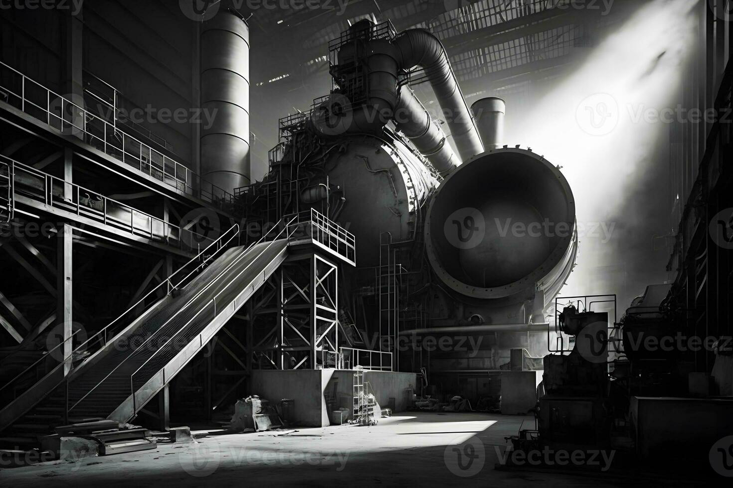 Metal manufacturing factory building with machinery in daytime. Neural network generated art photo