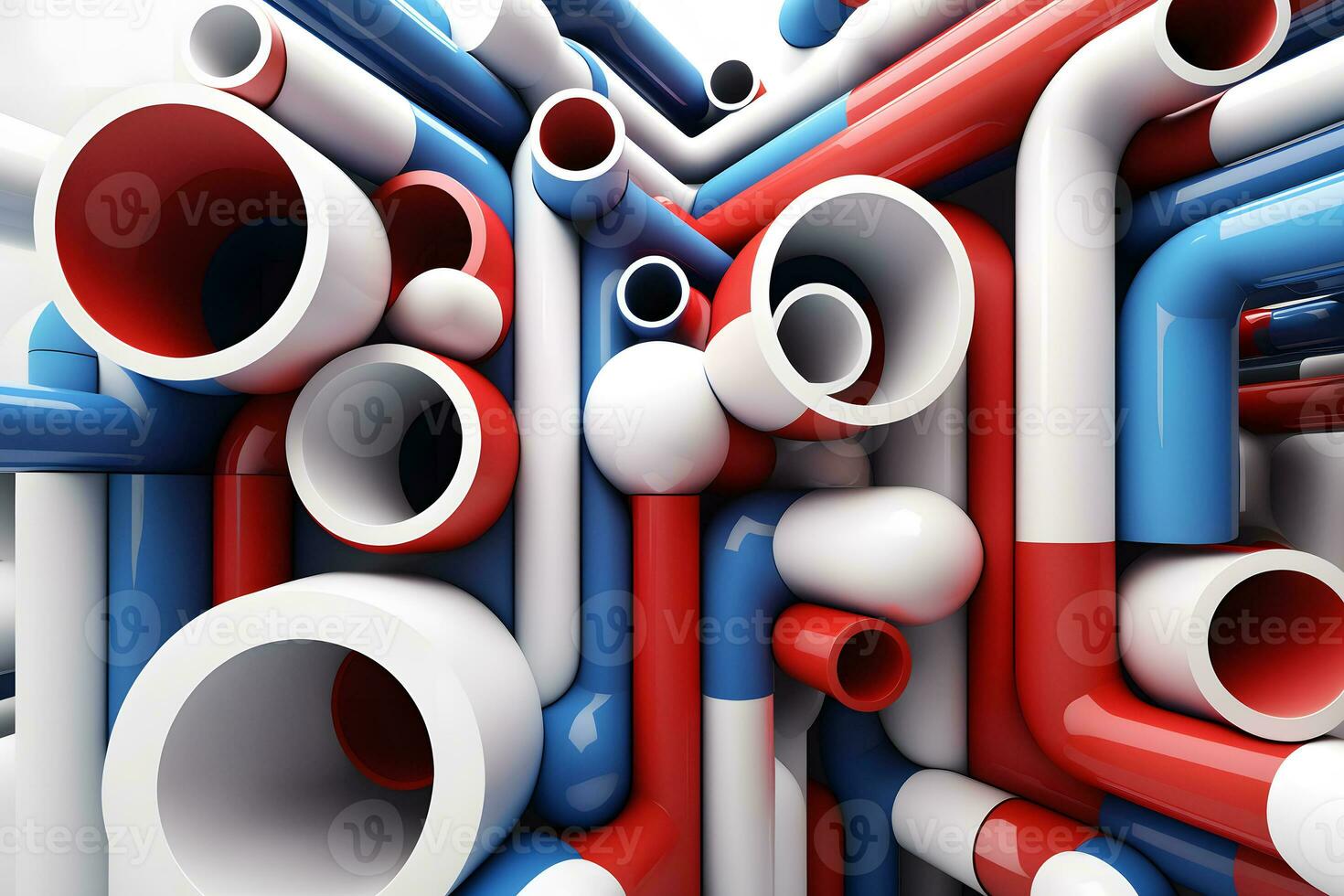 Abstract blue red and white pipes system on white background. Neural network generated art photo