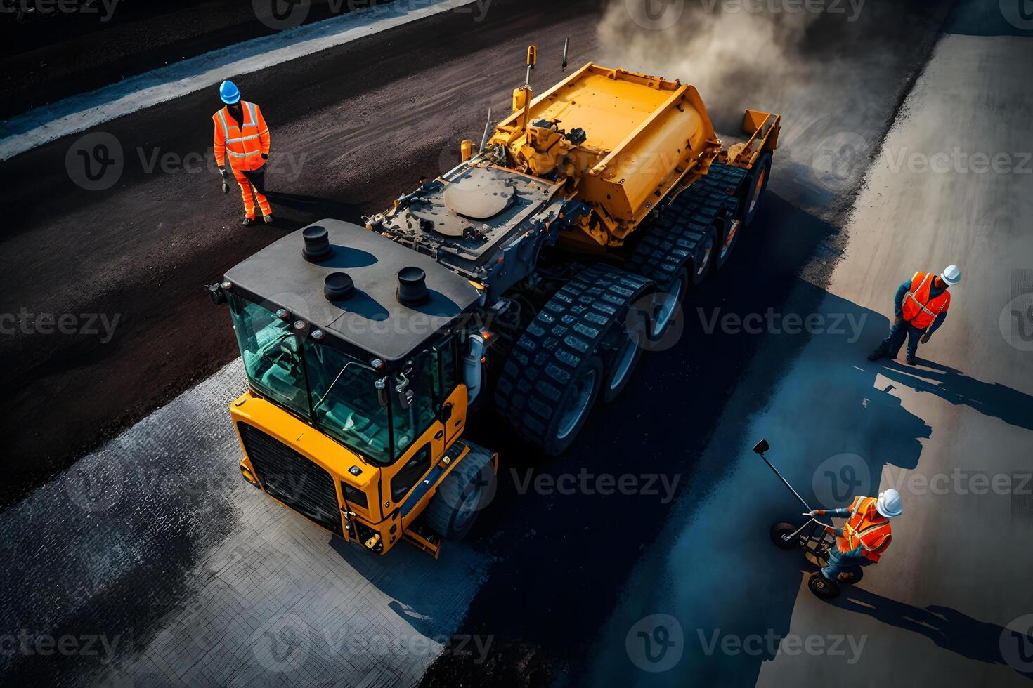 Worker operating asphalt paver machine finisher during road construction and repairing works. Neural network generated art photo