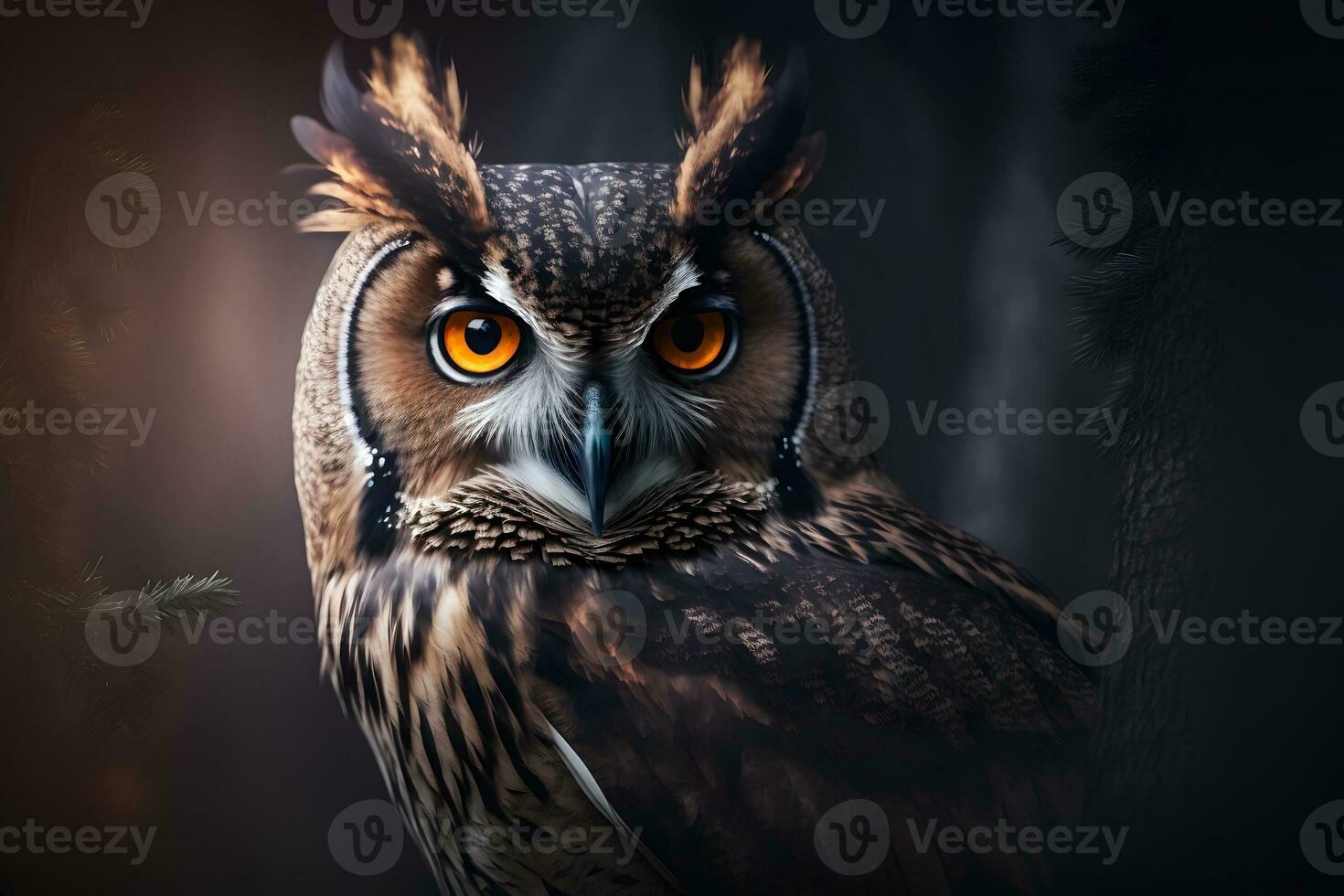 European eagle owl perched on a post and staring forward against a dark background the eyes are penetrating the viewer. Neural network generated art photo