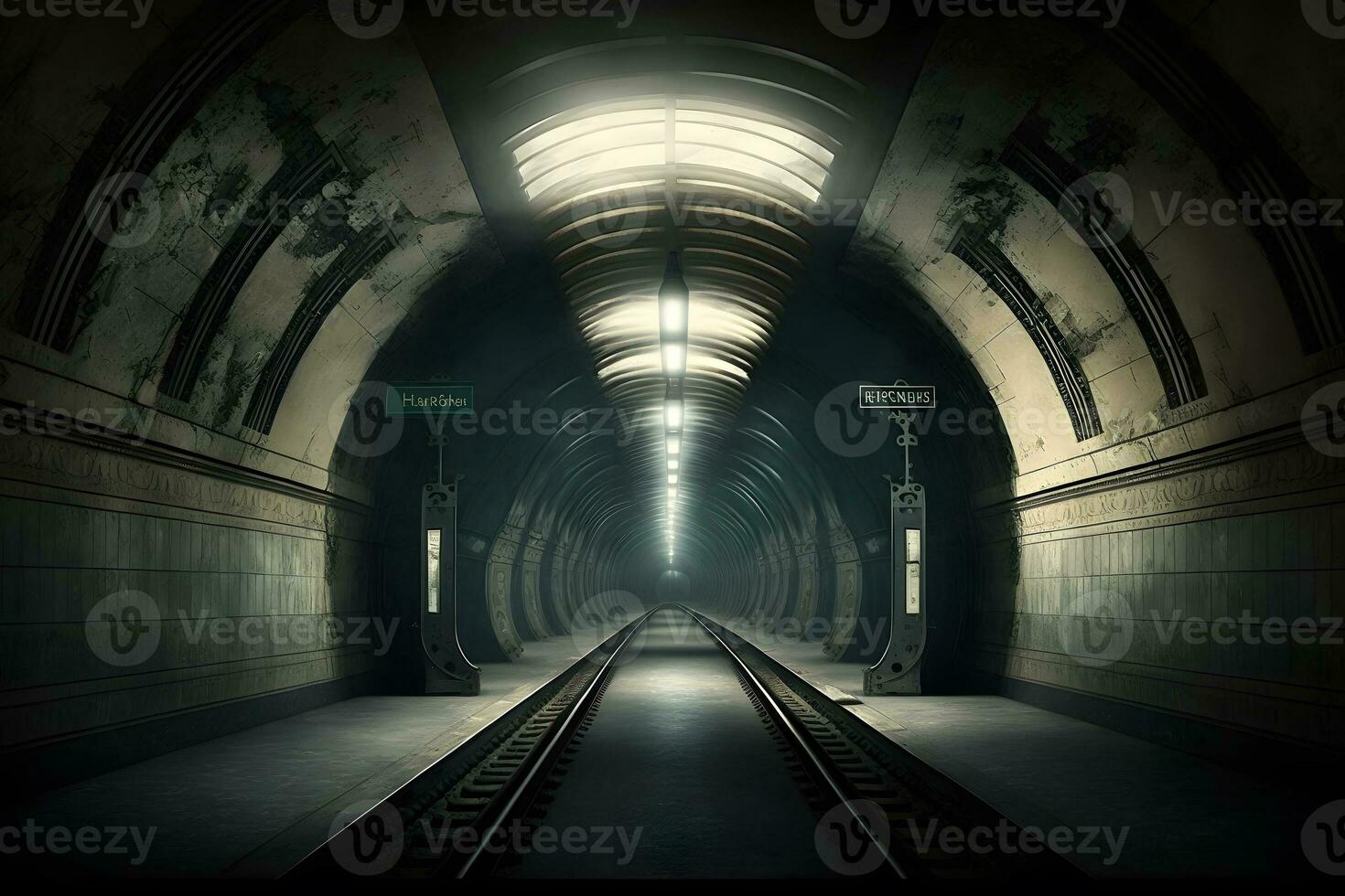 Underground subway tunnels in dirty obsolete condition. Neural network generated art photo
