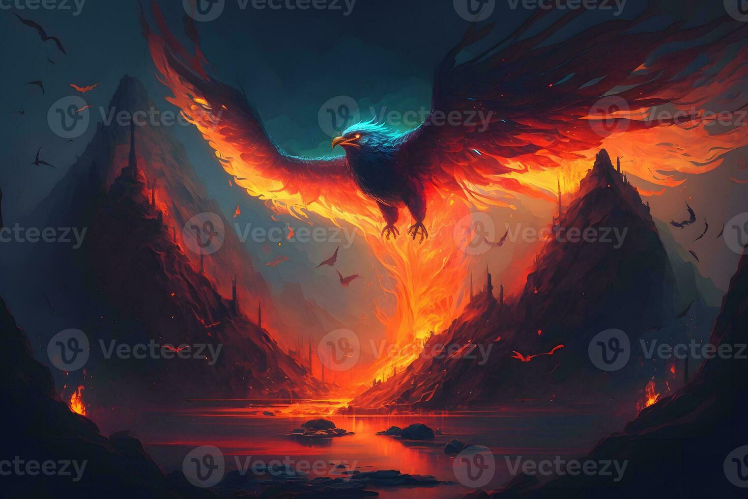 Raise of burning bird phoenix in the volcanic landscape. Neural network generated art photo