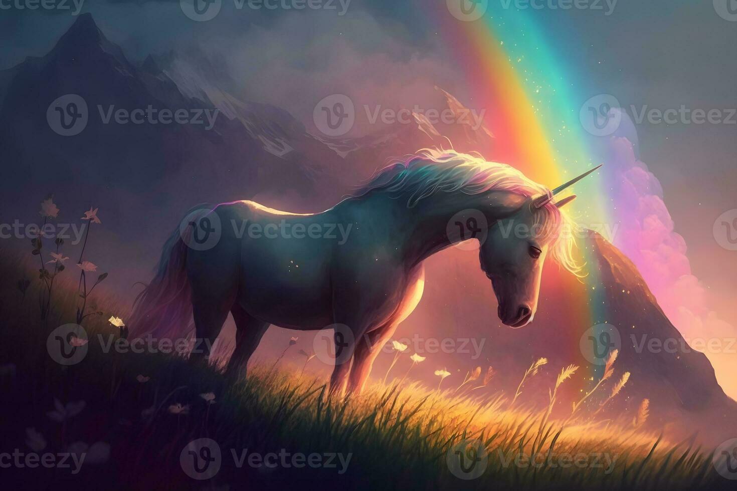 Magic unicorn in fantastic world with fluffy clouds and fairy meadows. Neural network generated art photo