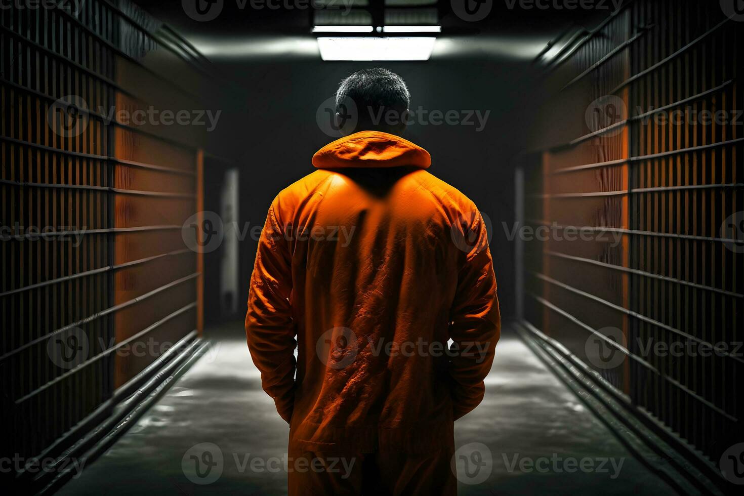Handcuffed Prisoner in orange suit waiting for Death Penalty. Neural network generated art photo