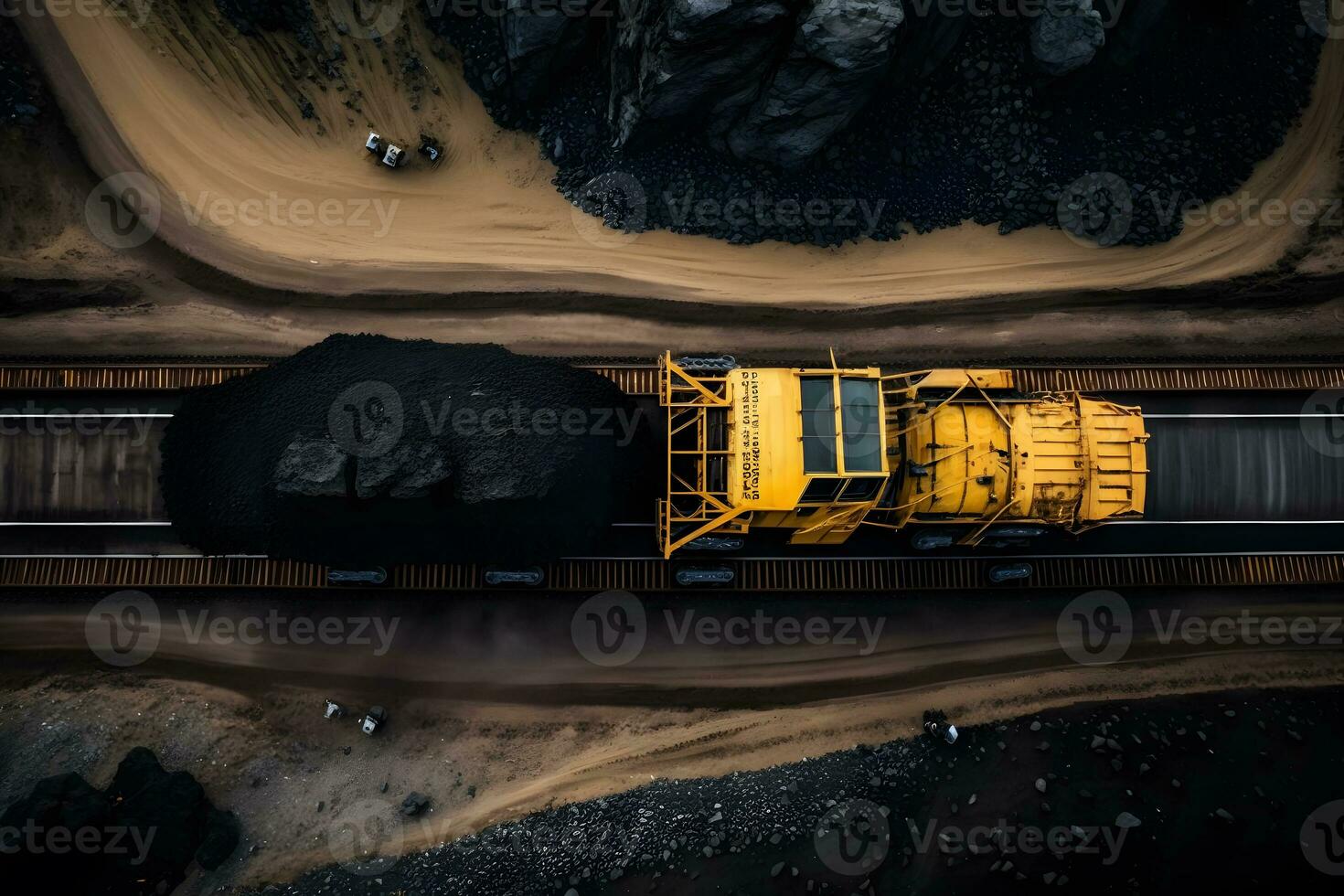 Open pit mine, extractive industry for coal. Big yellow mining truck machinery for coal quarry. Neural network generated art photo