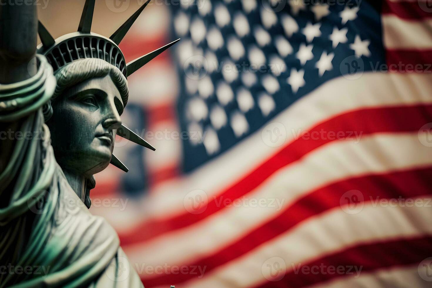 Statue of Liberty on the background of the American flag. Democracy and freedom concept. Neural network AI generated art photo
