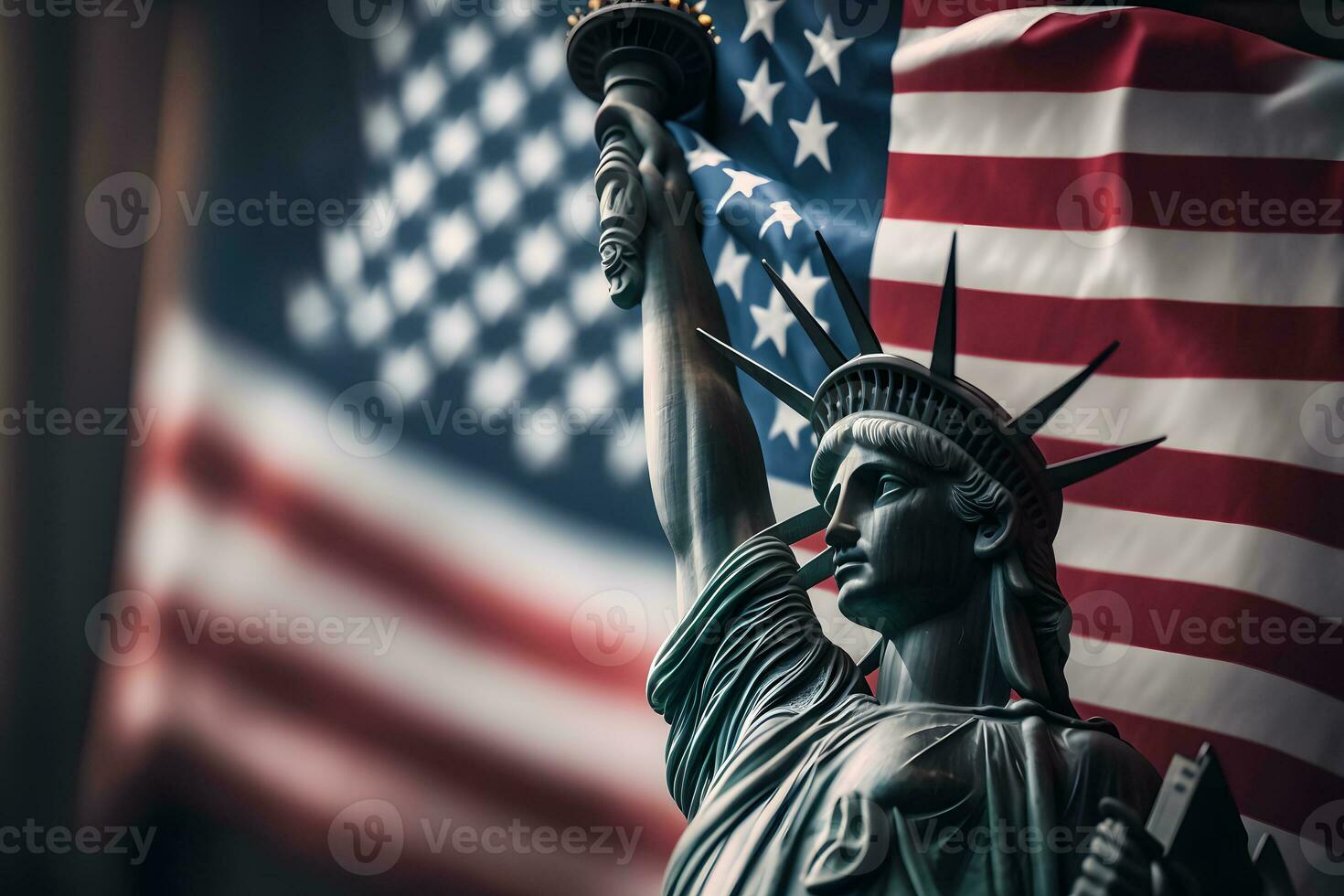 Statue of Liberty on the background of the American flag. Democracy and freedom concept. Neural network AI generated art photo