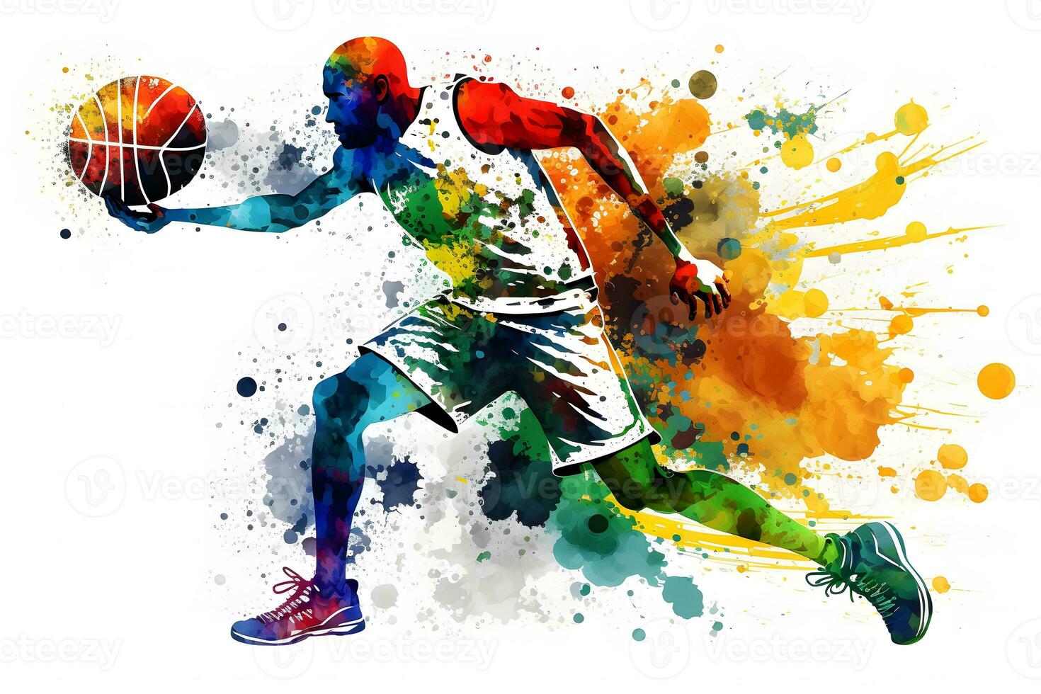 Basketball watercolor splash player in action with a ball isolated on white background. Neural network generated art photo