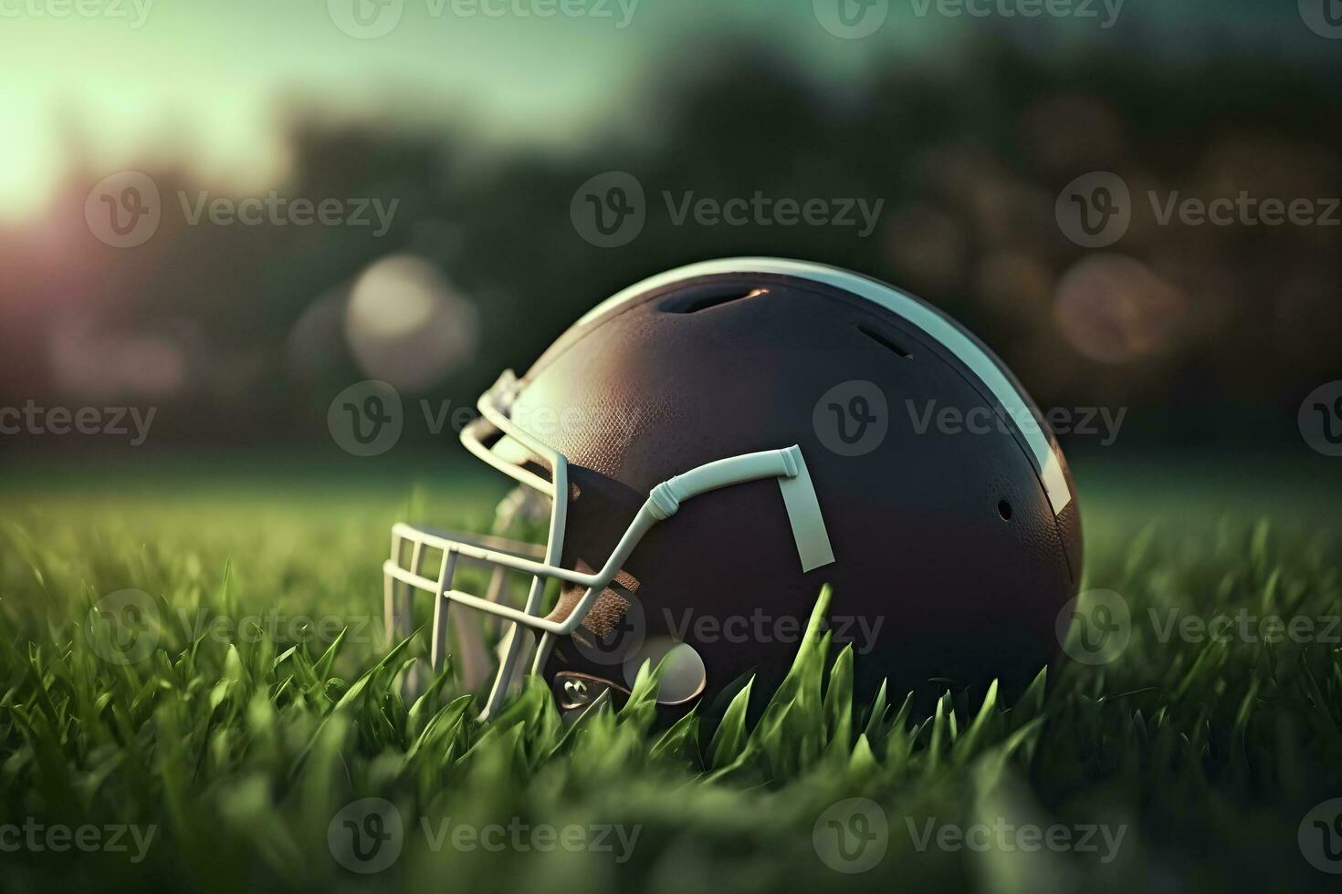 American football helmet on green grass. Neural network AI generated art photo