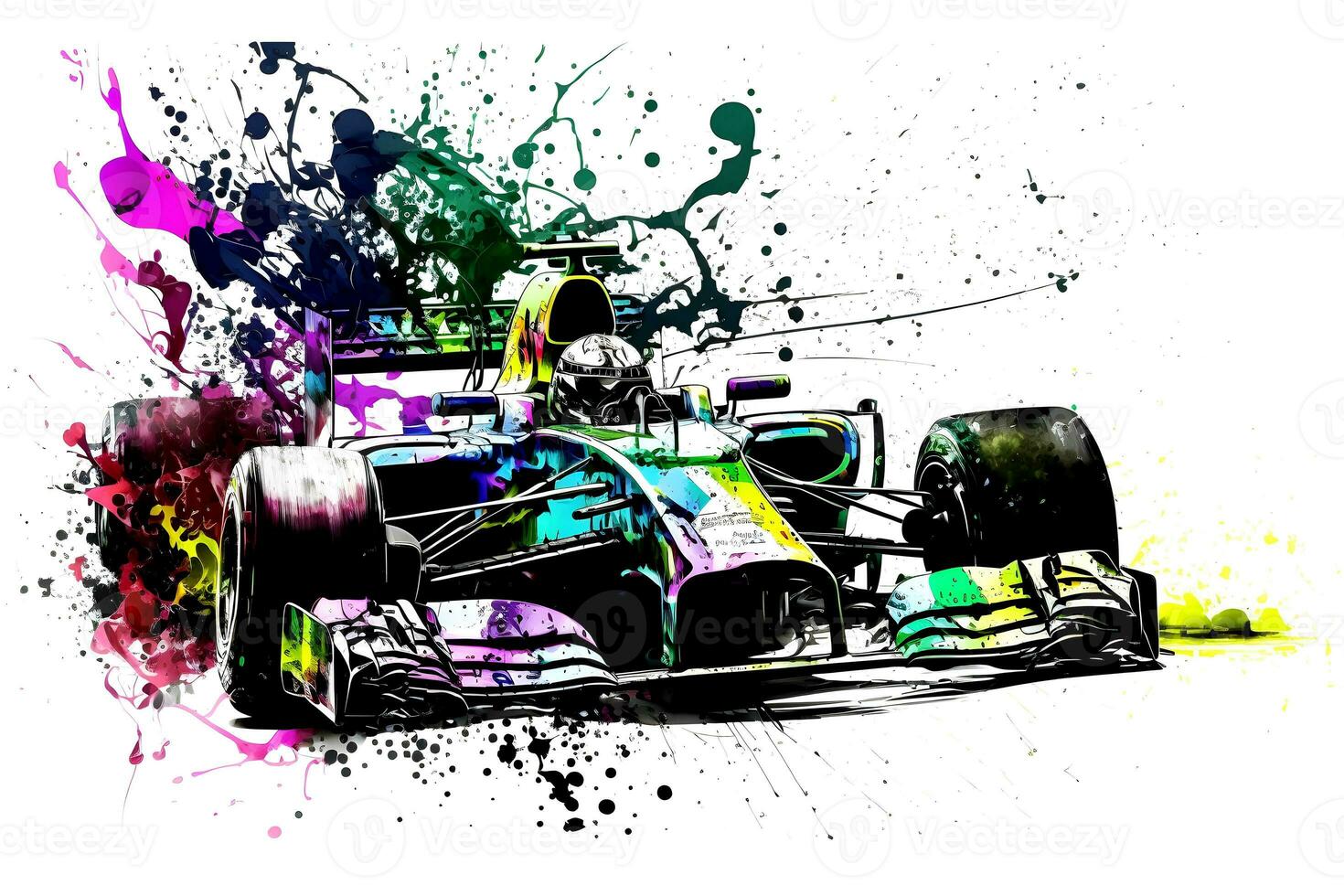 formula one race red car on watercolor rainbow splash, isolated on white. Neural network generated art photo