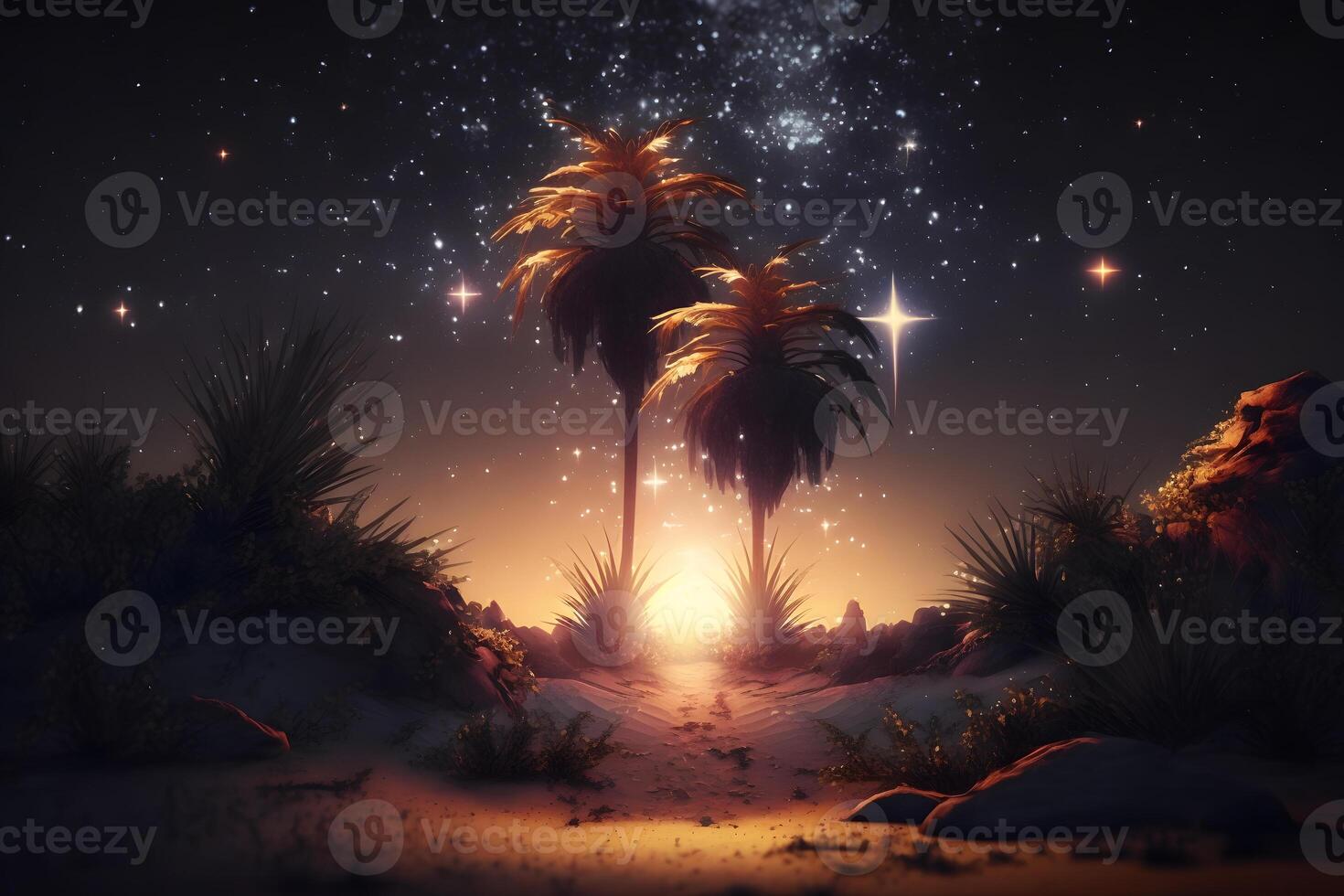 Fantasy futuristic night landscape with palm trees. Neural network AI generated art photo