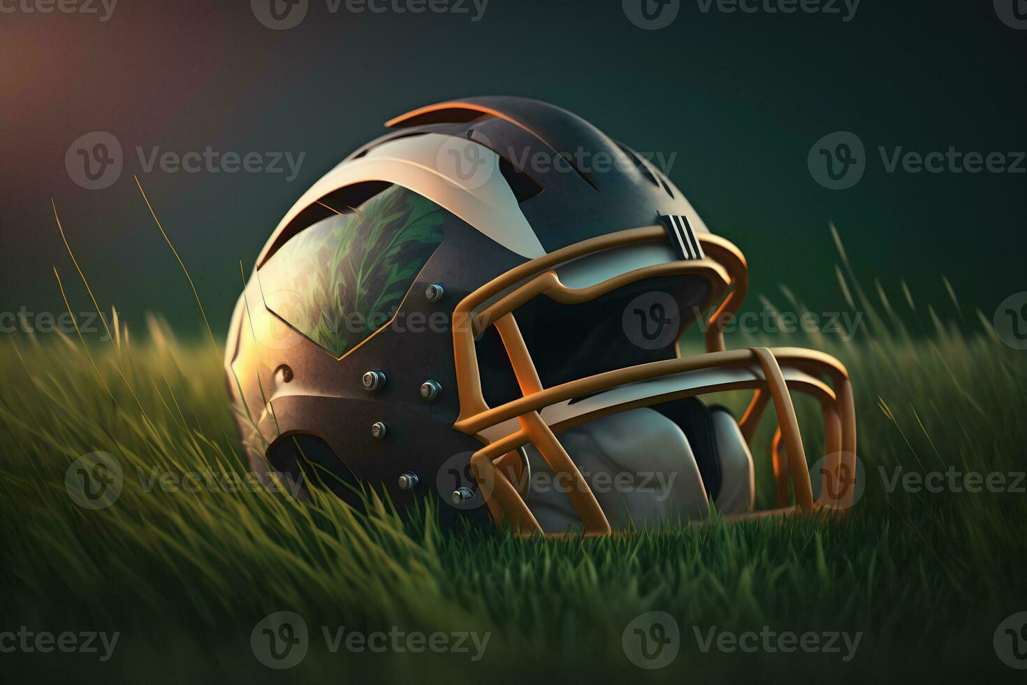 American football helmet on green grass. Neural network AI generated art photo