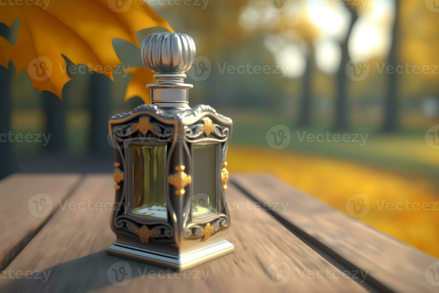 glass perfume bottle against the backdrop of an autumn landscape. Neural network generated art photo