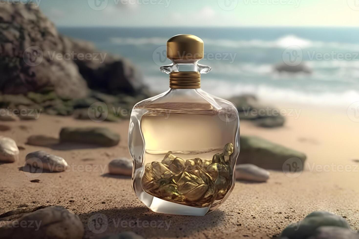 A glass bottle of perfume standing on a sea background. Neural network generated art photo