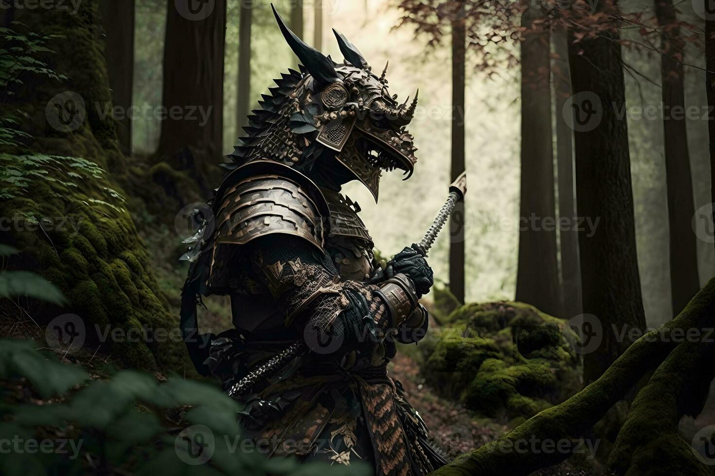 Fantasy dragon samurai in the forest. Neural network AI generated art photo