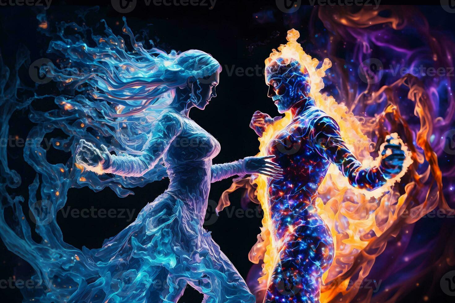 Fire and water in the form of fighting people. Yin Yang symbol. Neural network AI generated photo