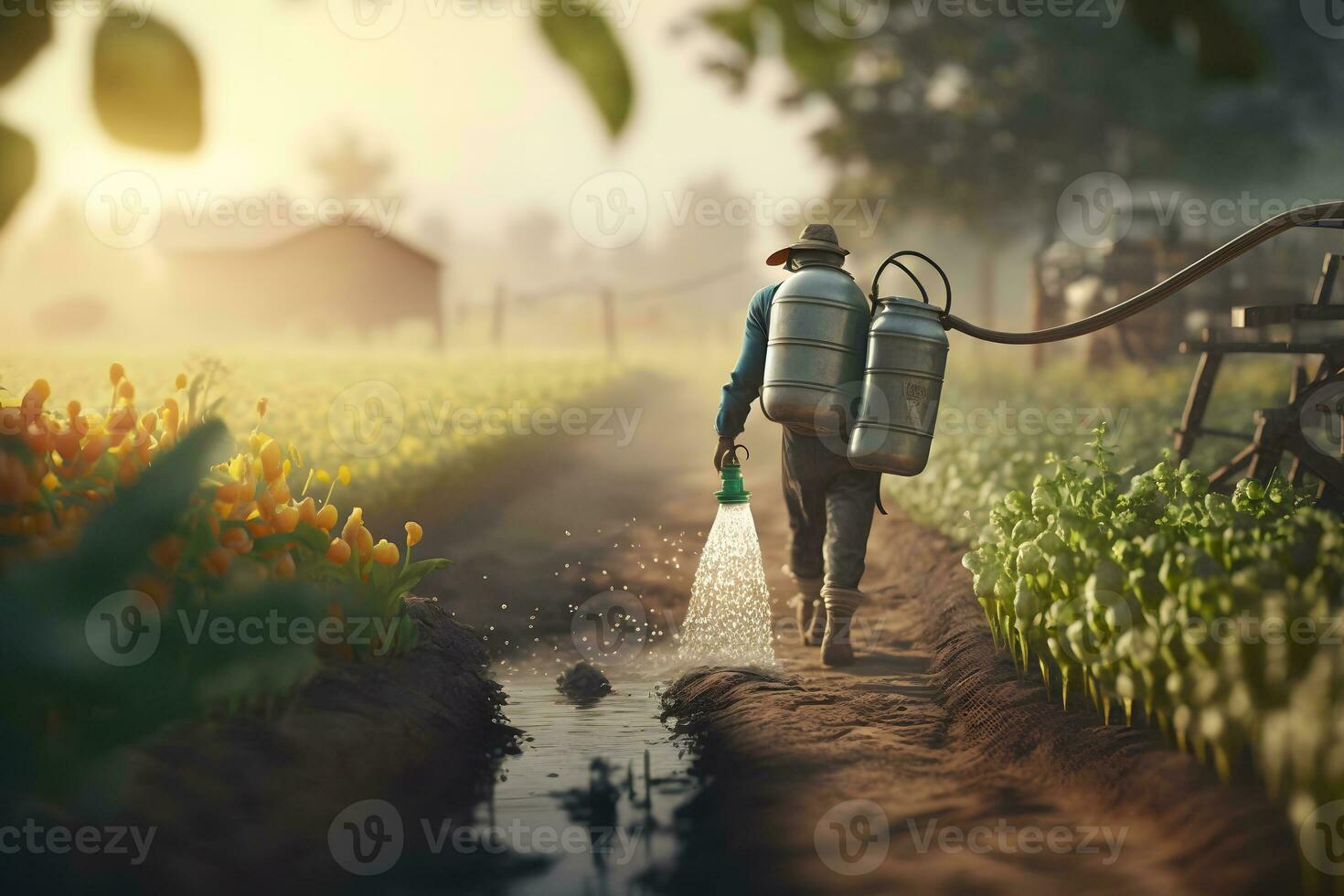 Farmer watering his plants. Neural network AI generated photo