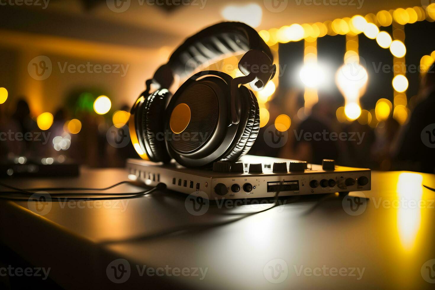 Modern big professional headphones on DJs table at night party. Neural network AI generated photo