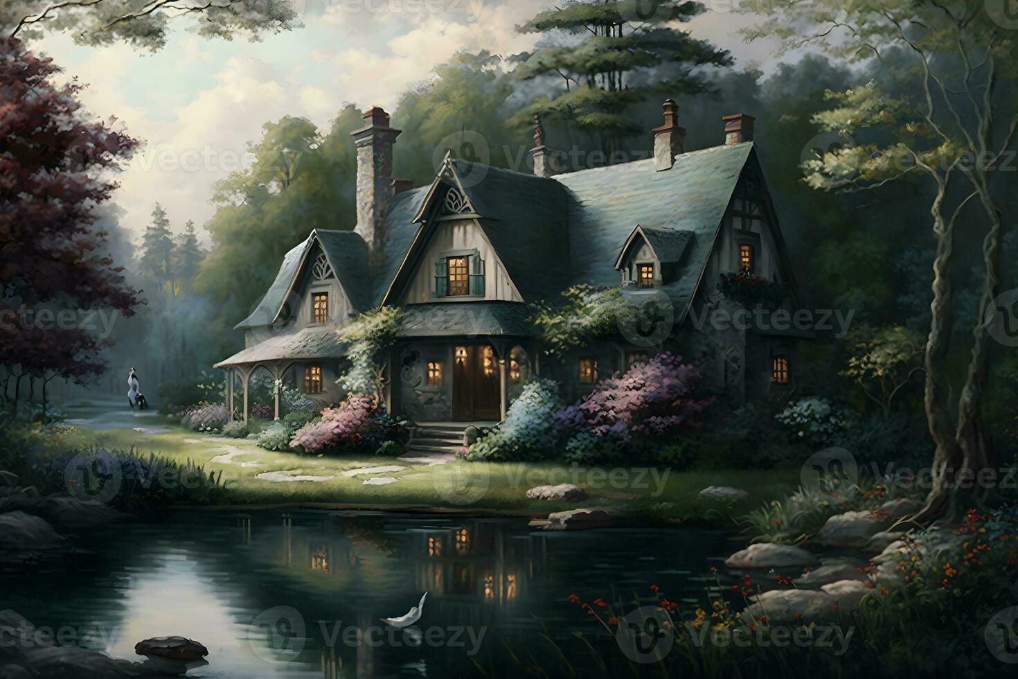 Beautiful fabulous house in a blooming fantasy garden. Neural network AI generated art photo