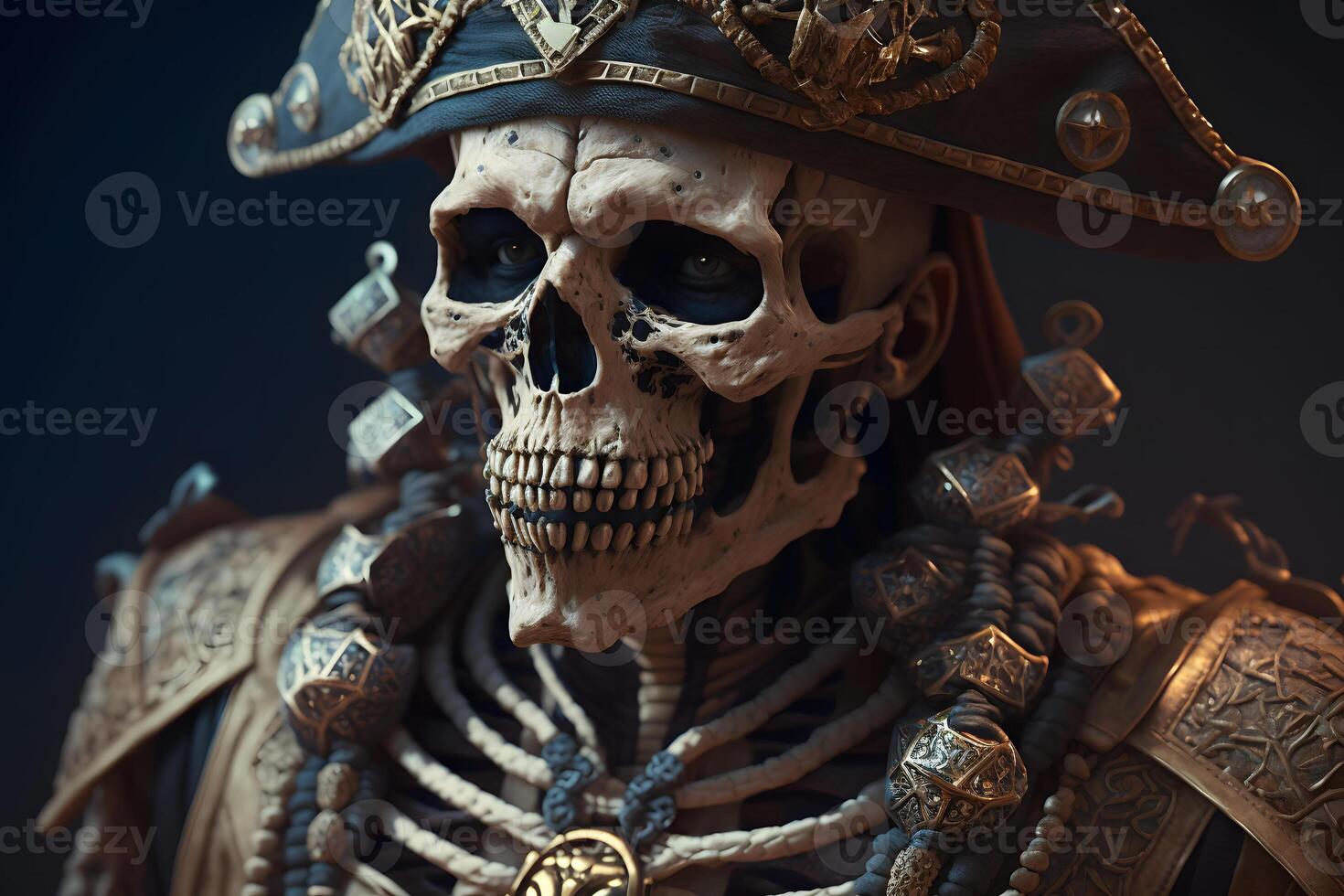 Warrior with skull head and pirate classic hat on dark background. Neural network AI generated photo