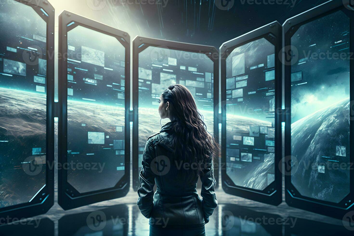 Futuristic girl astronaut on a spaceship looks into the monitors of a quantum computer. Neural network AI generated art photo