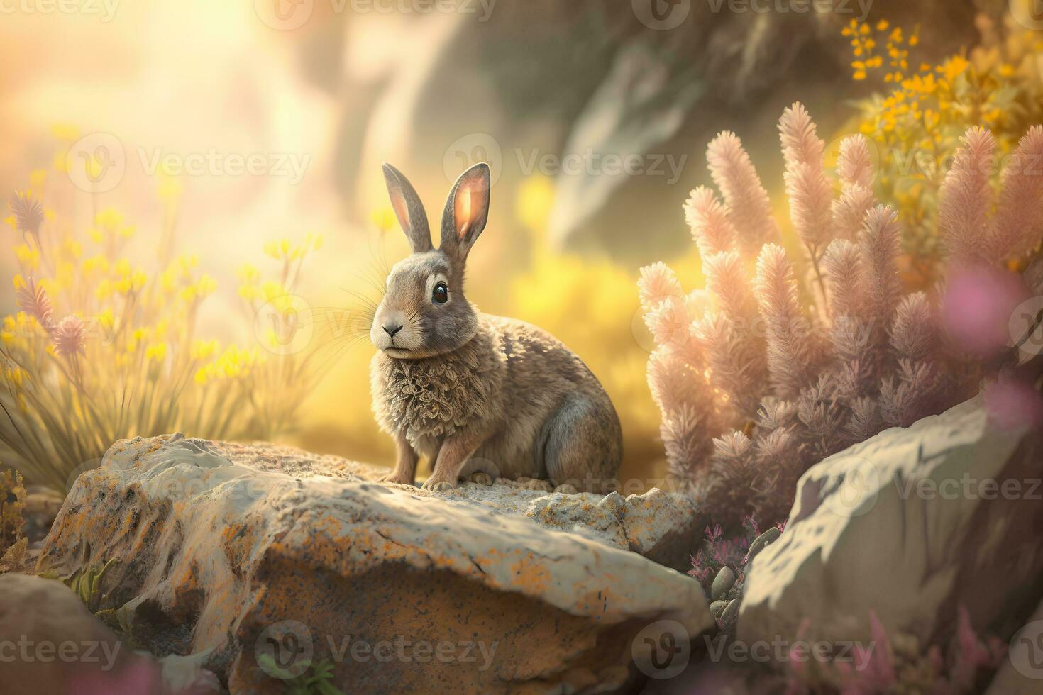 Cute brown hare, lepus europaeus, jumping closer on grass in spring nature. Young brown rabbit coming forward in green wilderness. Neural network AI generated photo