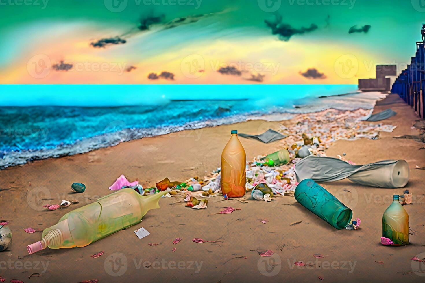 Spilled garbage on beach of big city. Empty used dirty plastic bottles. Dirty sea sandy shore the Black Sea. Environmental pollution. Ecological problem. Neural network AI generated photo