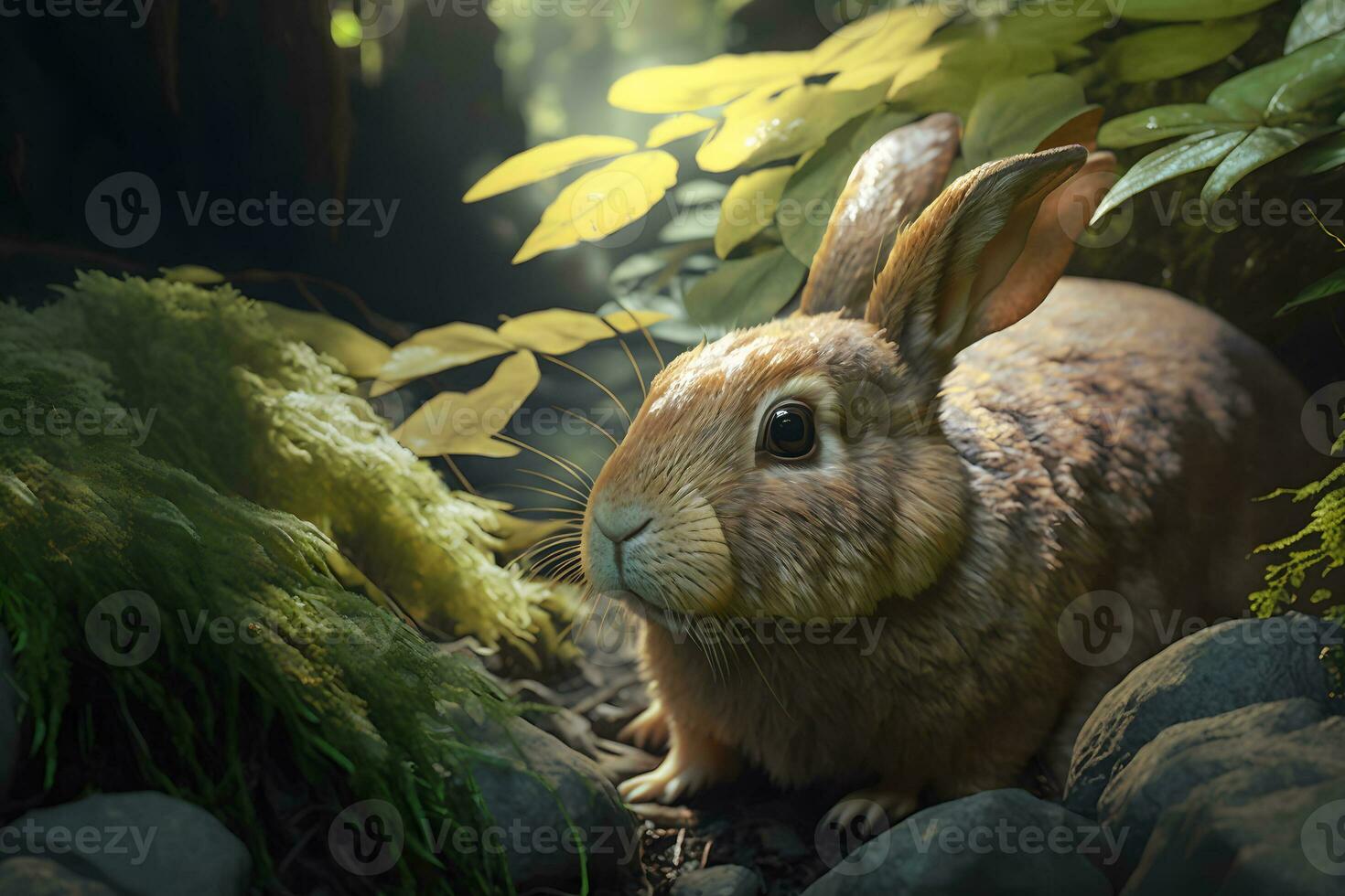 Cute brown hare, lepus europaeus, jumping closer on grass in spring nature. Young brown rabbit coming forward in green wilderness. Neural network AI generated photo