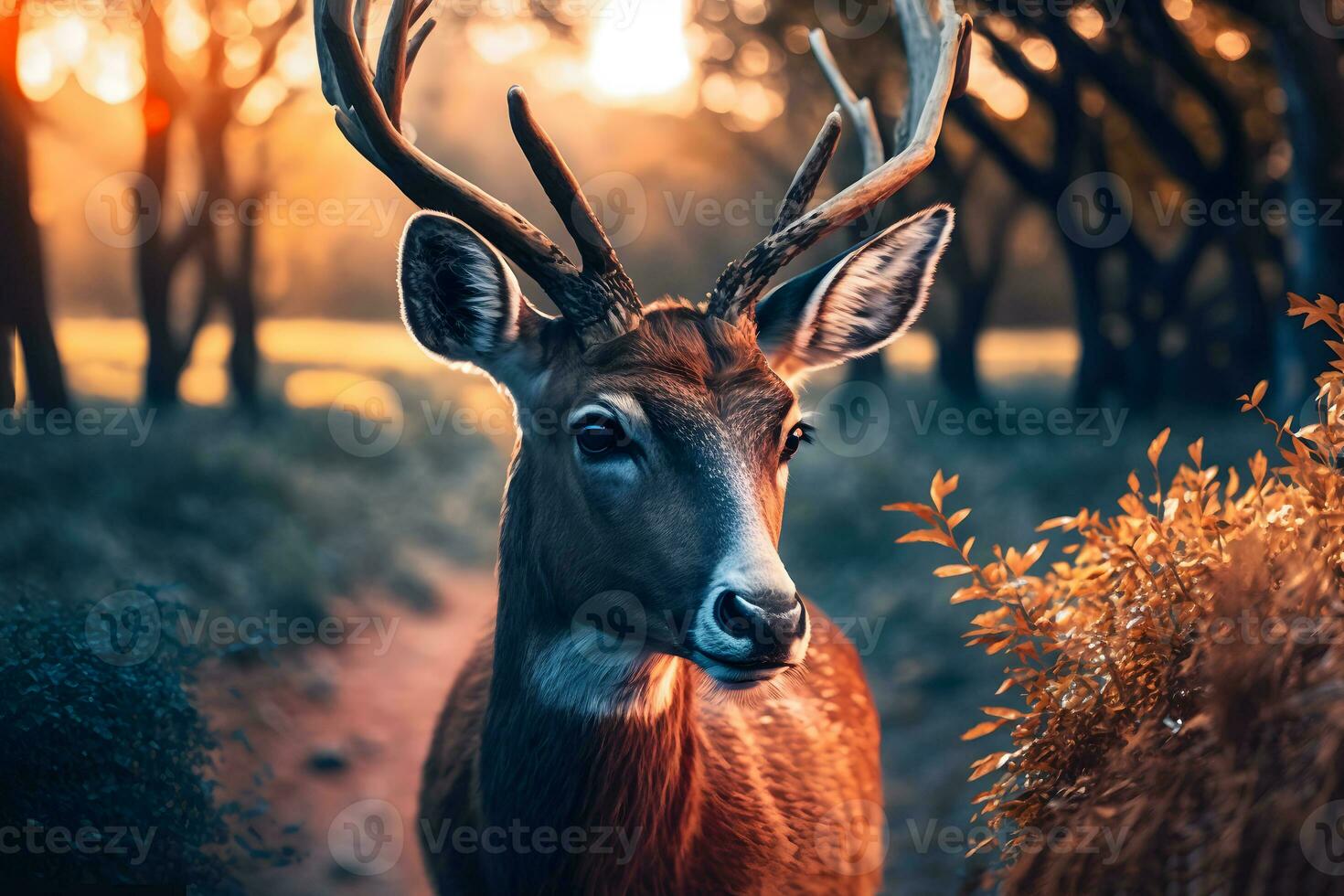 Red deer stag between ferns in autumn forest. Neural network AI generated photo