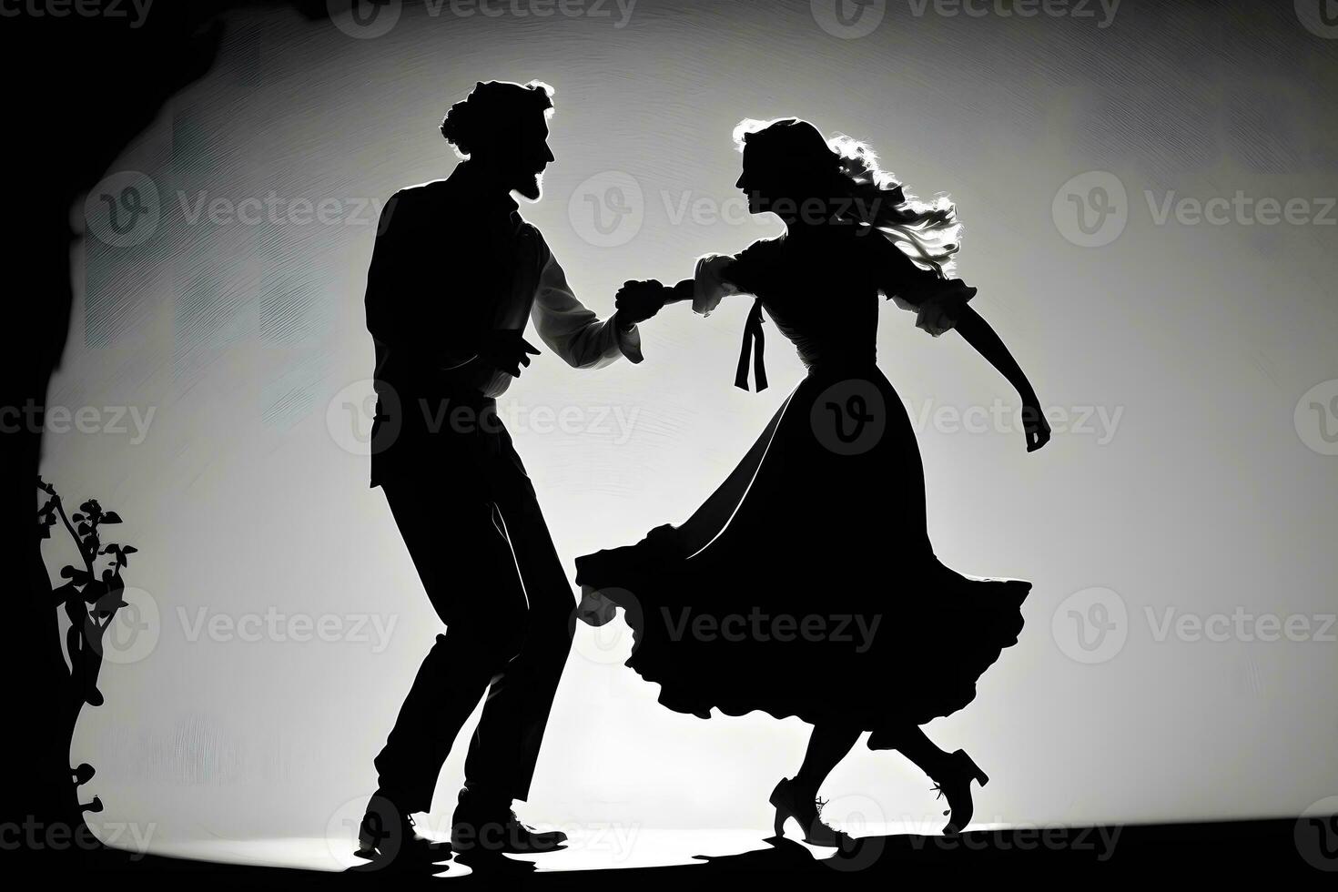 Silhouette of dancing couple in halloween style. Neural network AI generated photo