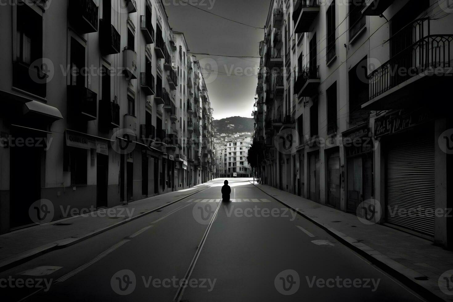 Landscape view of an empty street of a black and white city. Neural network AI generated photo