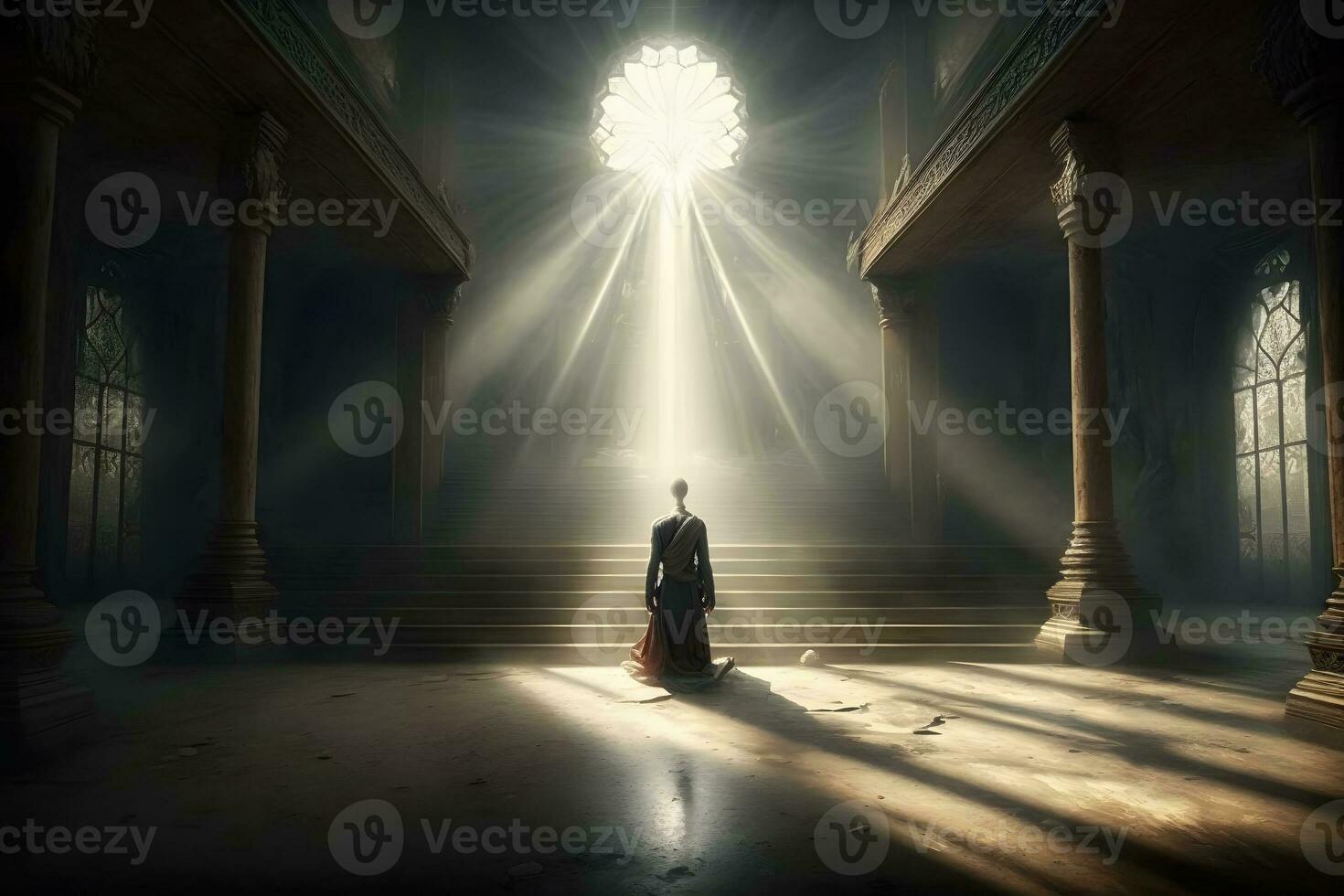 Hall with rays of light for meditation. spiritual temple. Neural network AI generated photo