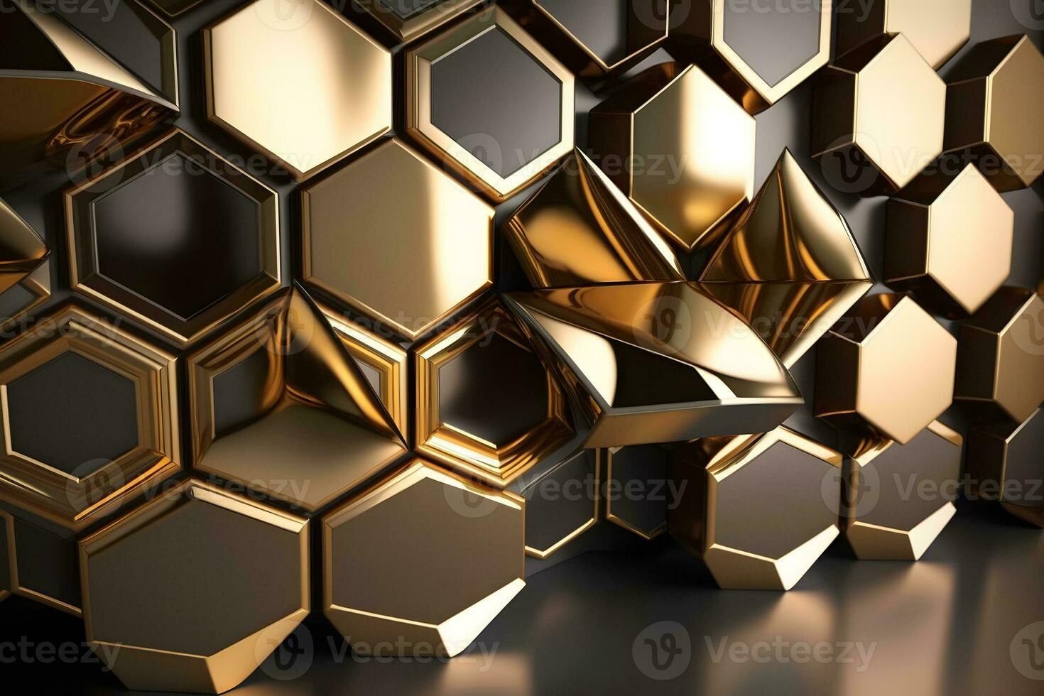 Illustration of shiny honeycomb gold background. Neural network AI generated photo