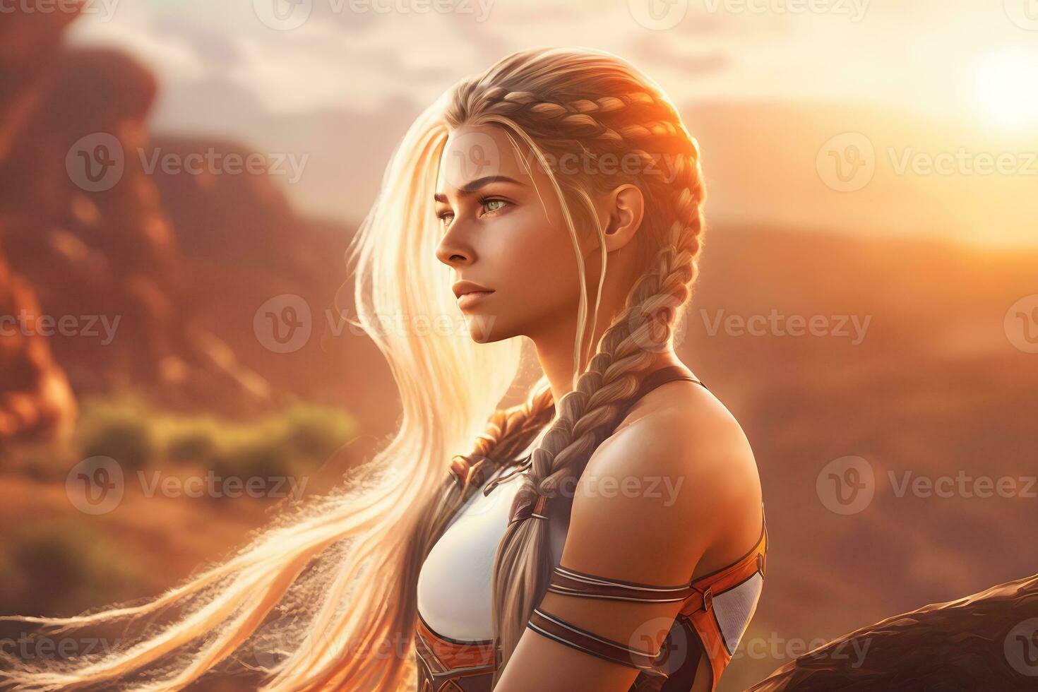 Beautiful woman with long braids in the garden. Neural network AI generated photo