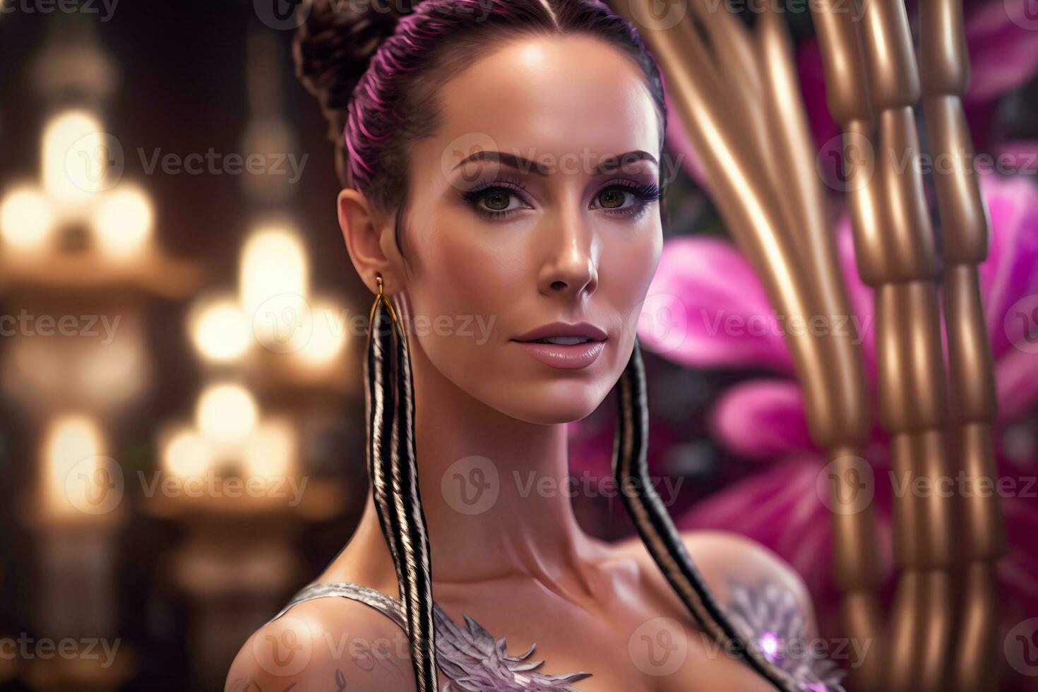 Beautiful woman with long braids in the garden. Neural network AI generated photo