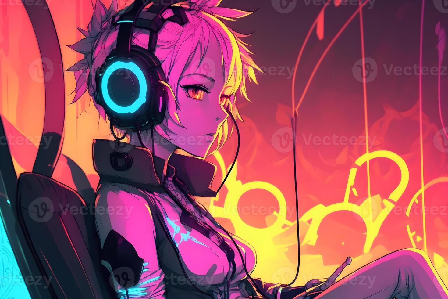 futuristic anime style girl listening to music with headphones. Neural network AI generated photo