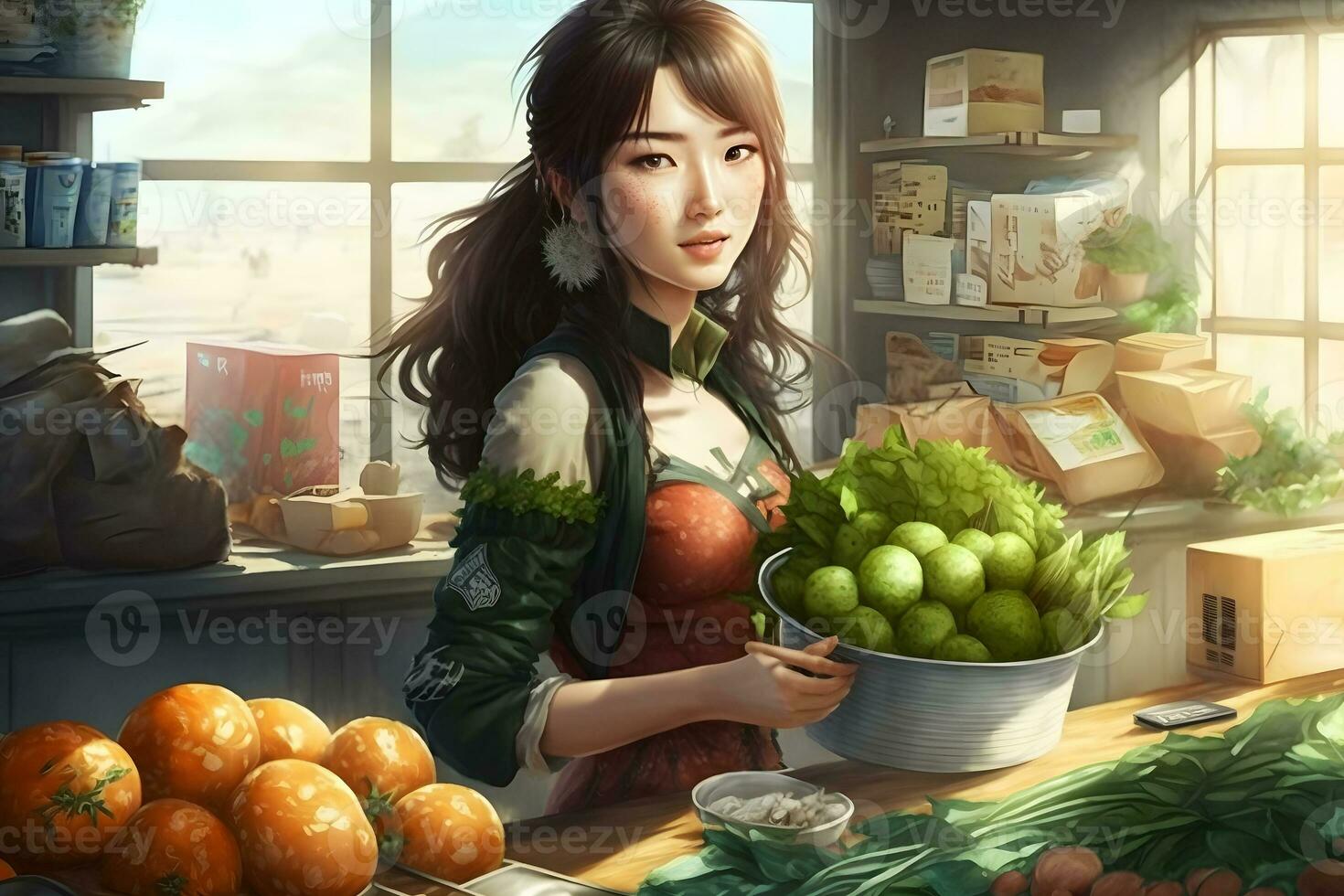 Beautiful Asian woman sells vegetables. Neural network AI generated photo