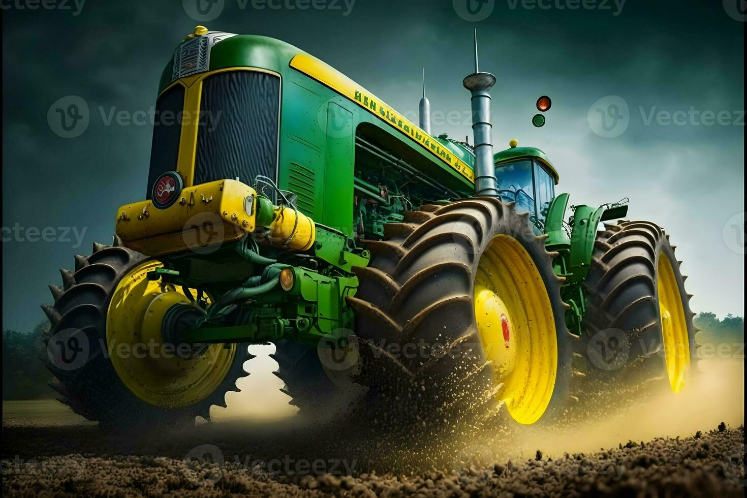 Tractor spraying pesticides on soybean field with sprayer at spring. Neural network AI generated photo