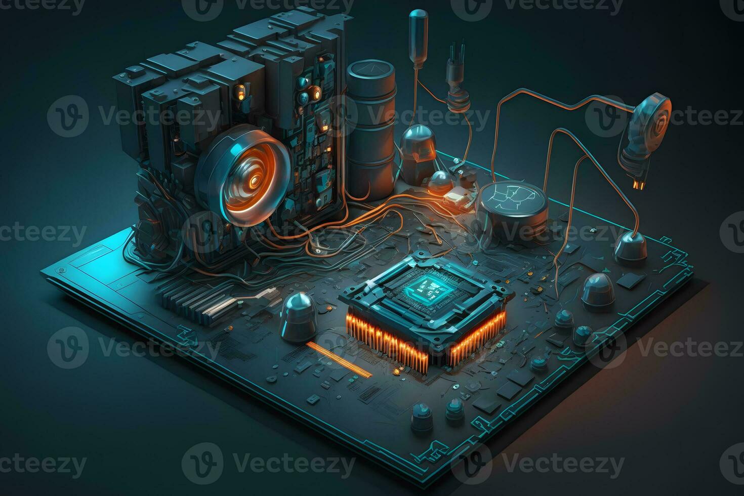 A board with chips and a gaming graphics card processor. Progressive cooling system for the video chip, processor and memory. Computer Details. Neural network AI generated photo