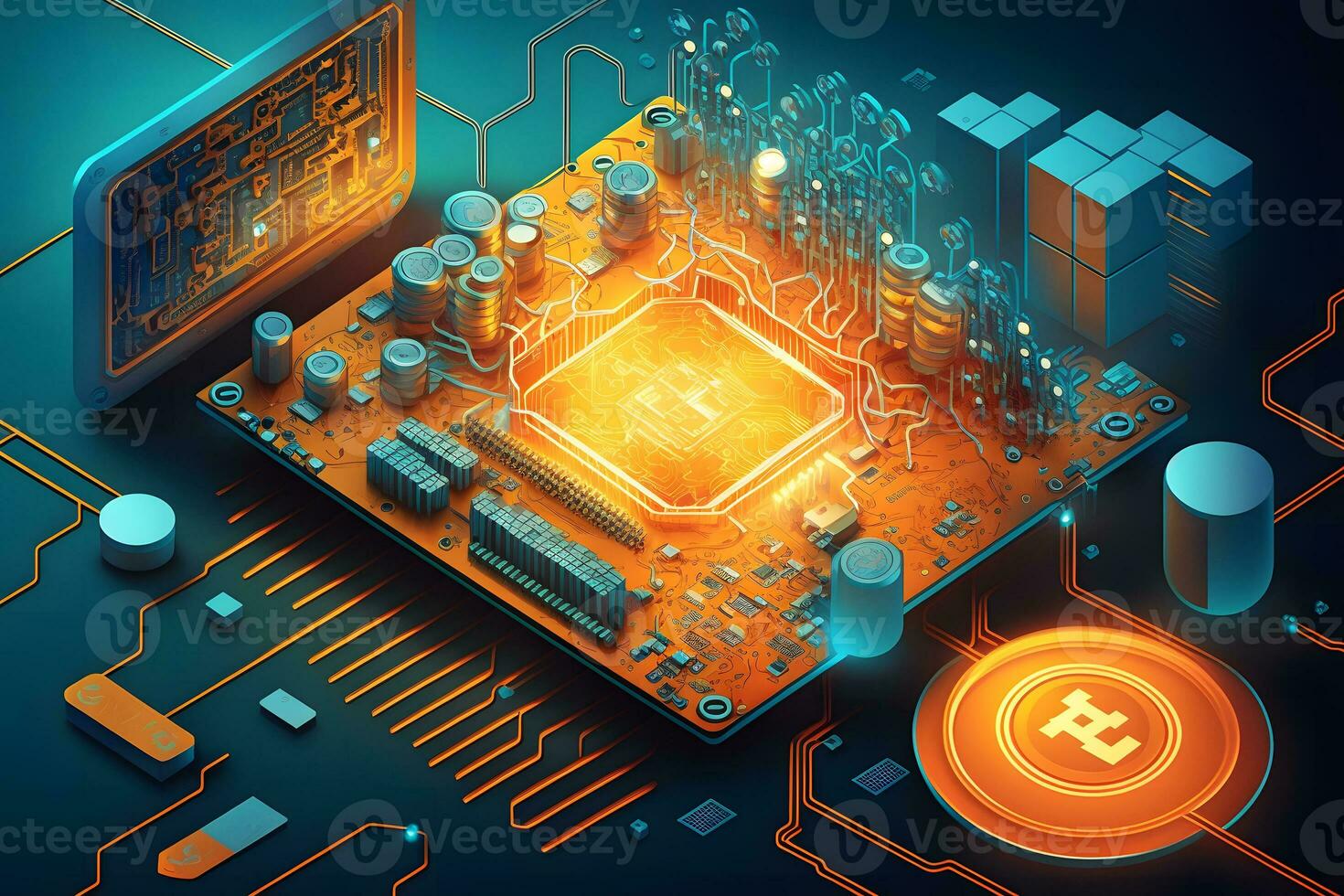 A board with chips and a gaming graphics card processor. Progressive cooling system for the video chip, processor and memory. Computer Details. Neural network AI generated photo