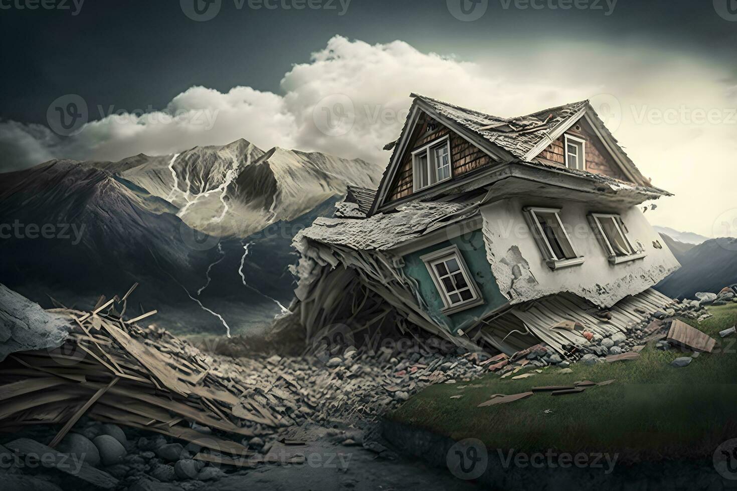 Ruined house after the earthquake. Neural network AI generated photo