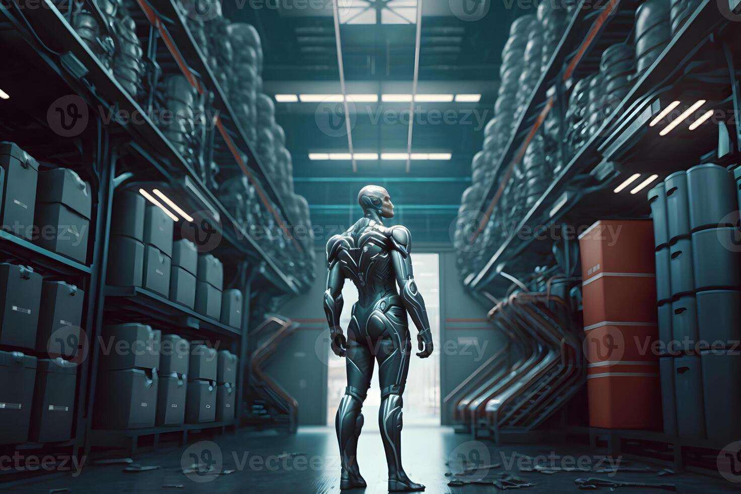 Innovative industry robot working in warehouse for human labor replacement. Neural network AI generated photo