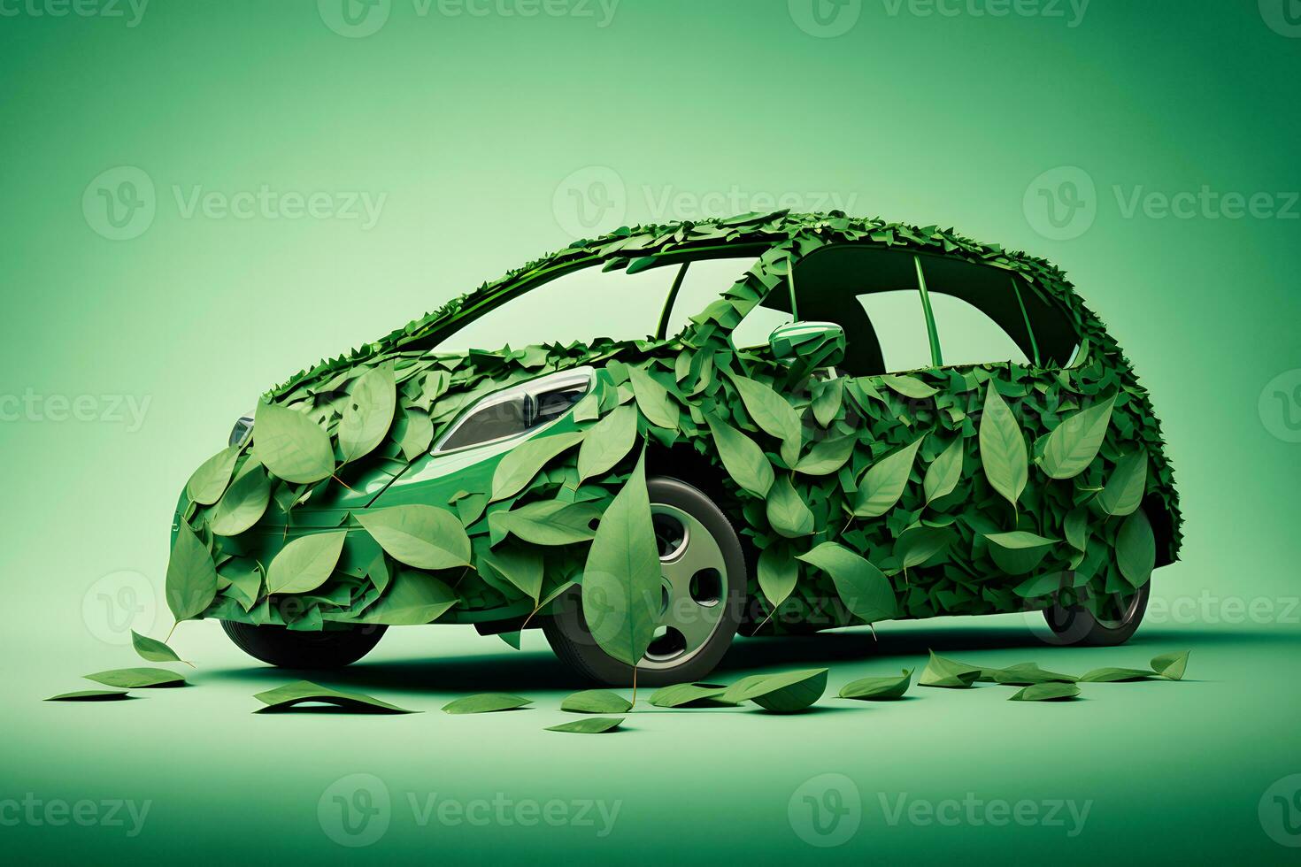 Concept of a ecology car made from green leaves. Neural network AI generated photo