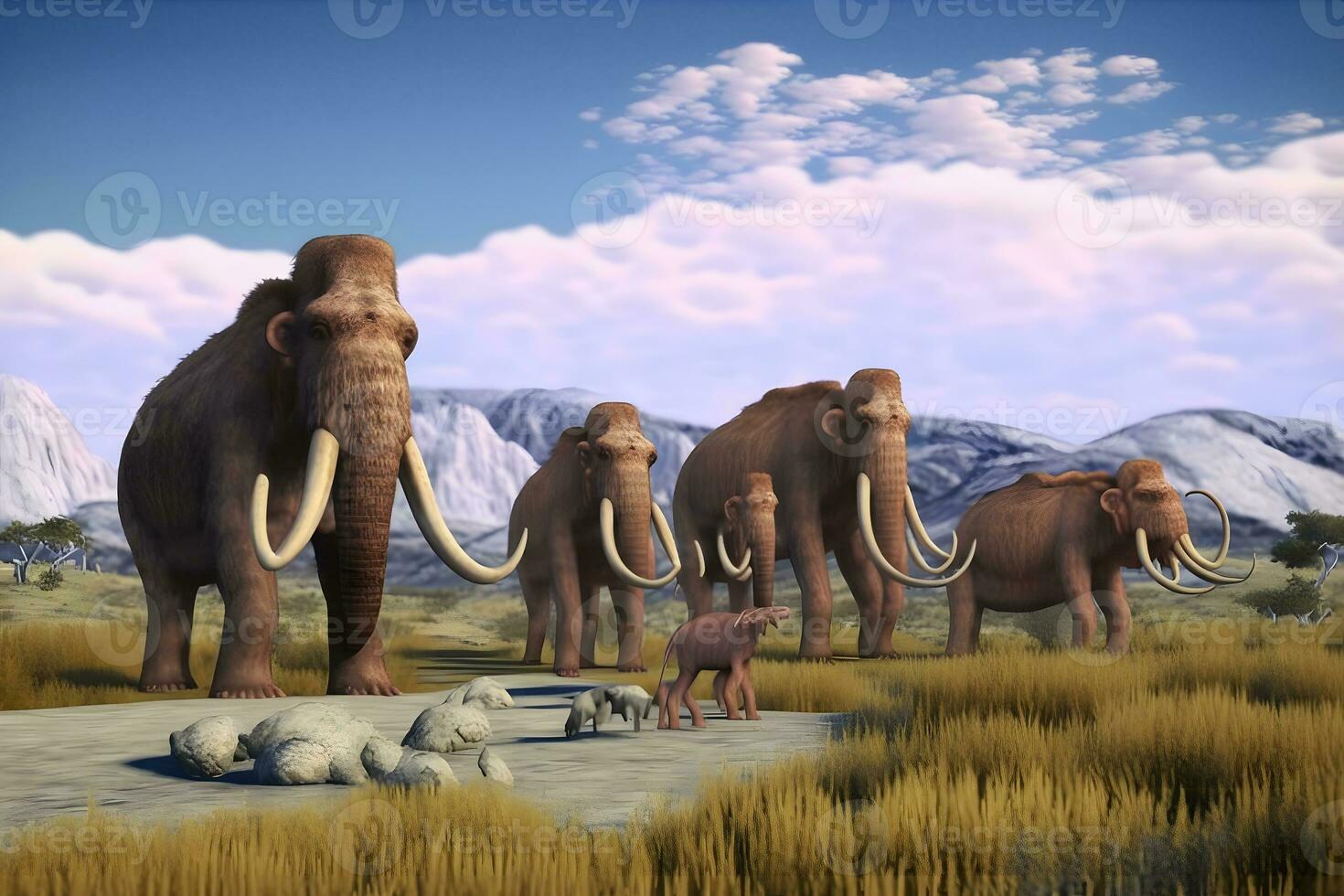 Ancient mammoths walk in the summer among the beautiful landscape. Neural network AI generated photo