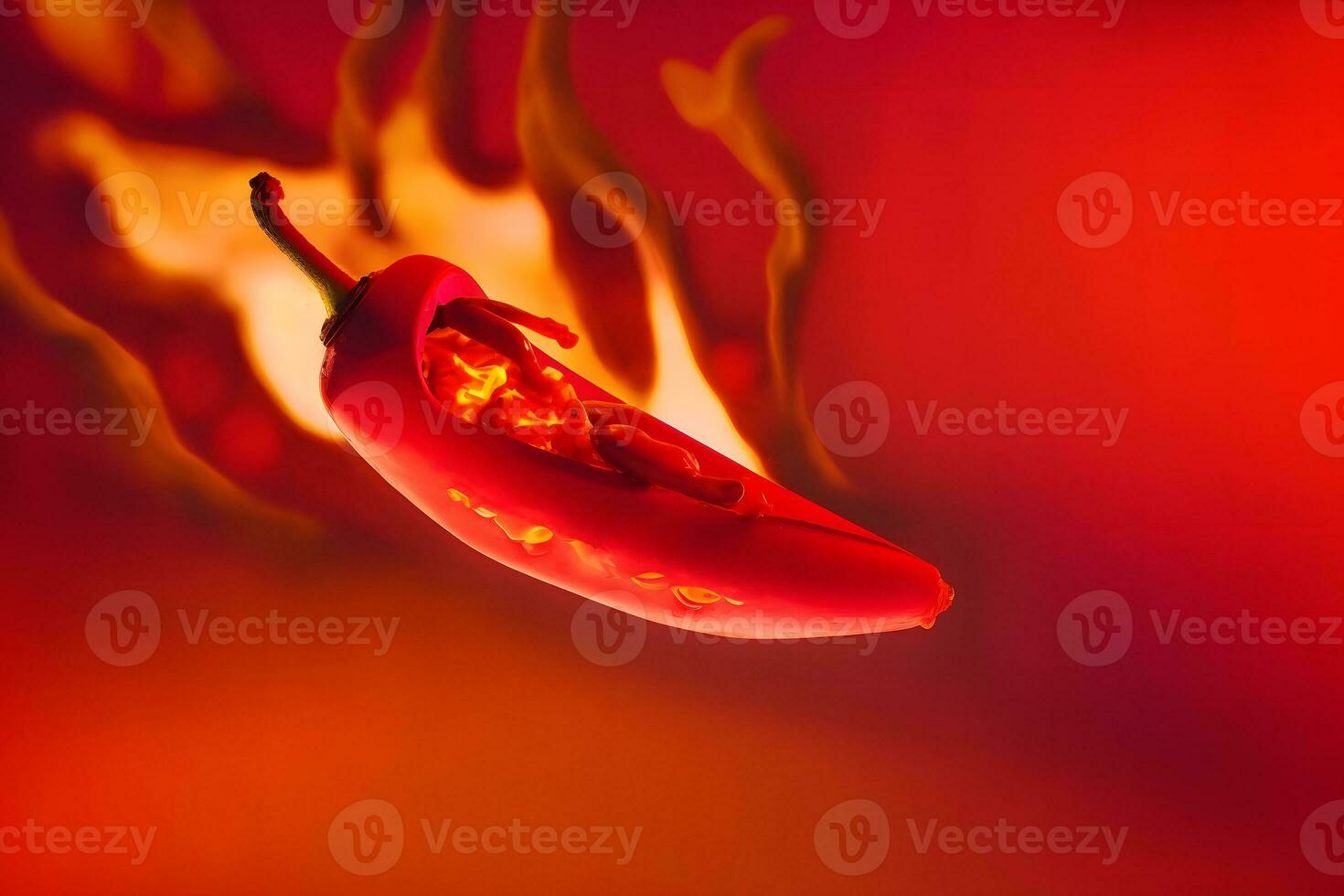 Fresco rojo chile pimienta en fuego como un símbolo de ardiente sensación de picante comida y especias rojo antecedentes. neural red ai generado foto