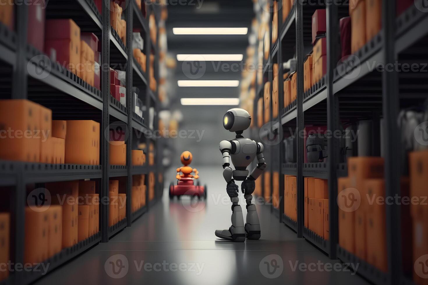 Innovative industry robot working in warehouse for human labor replacement . Concept of artificial intelligence for industrial revolution. Neural network AI generated photo