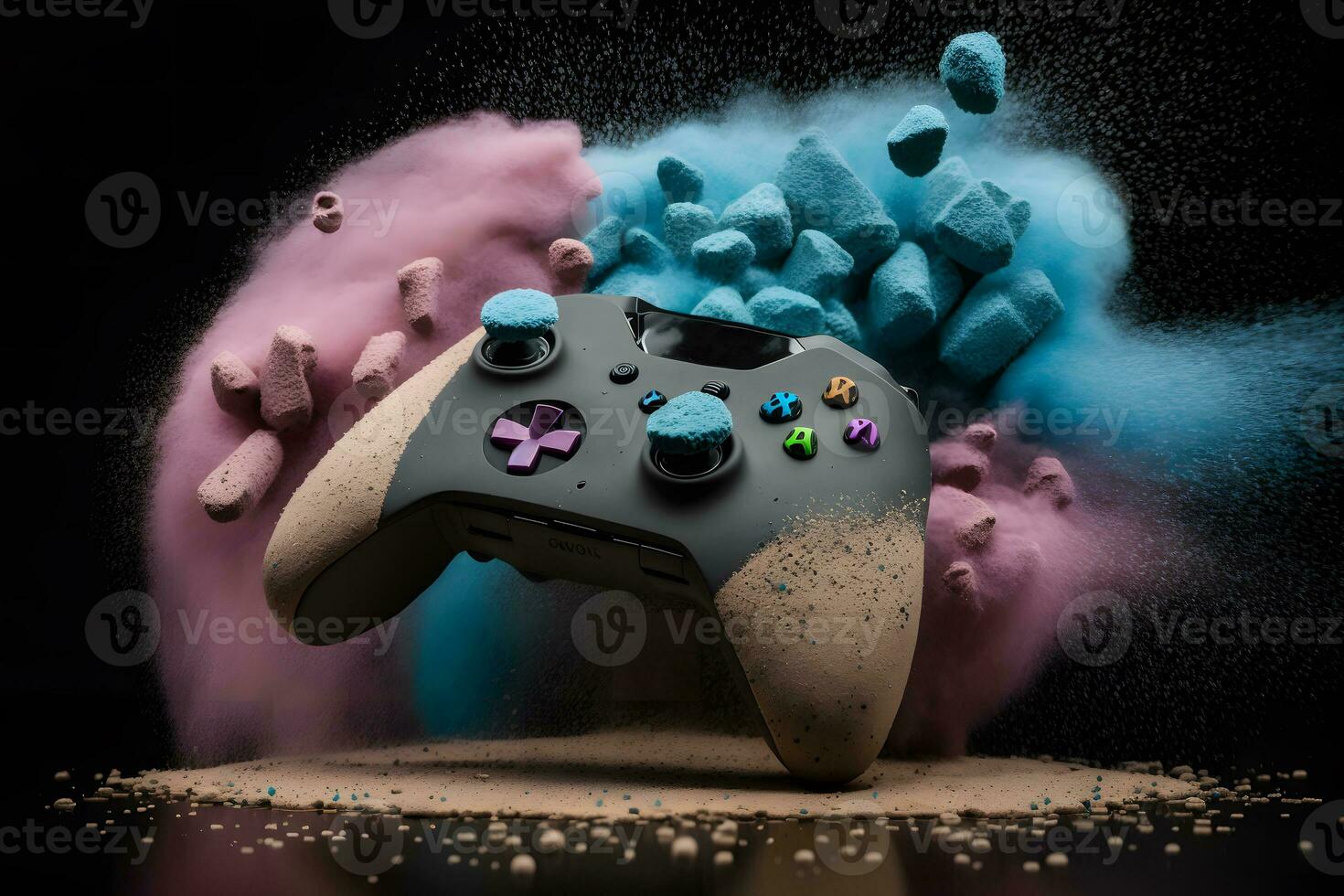 Game joystick on colorful splash background. Neural network AI generated photo